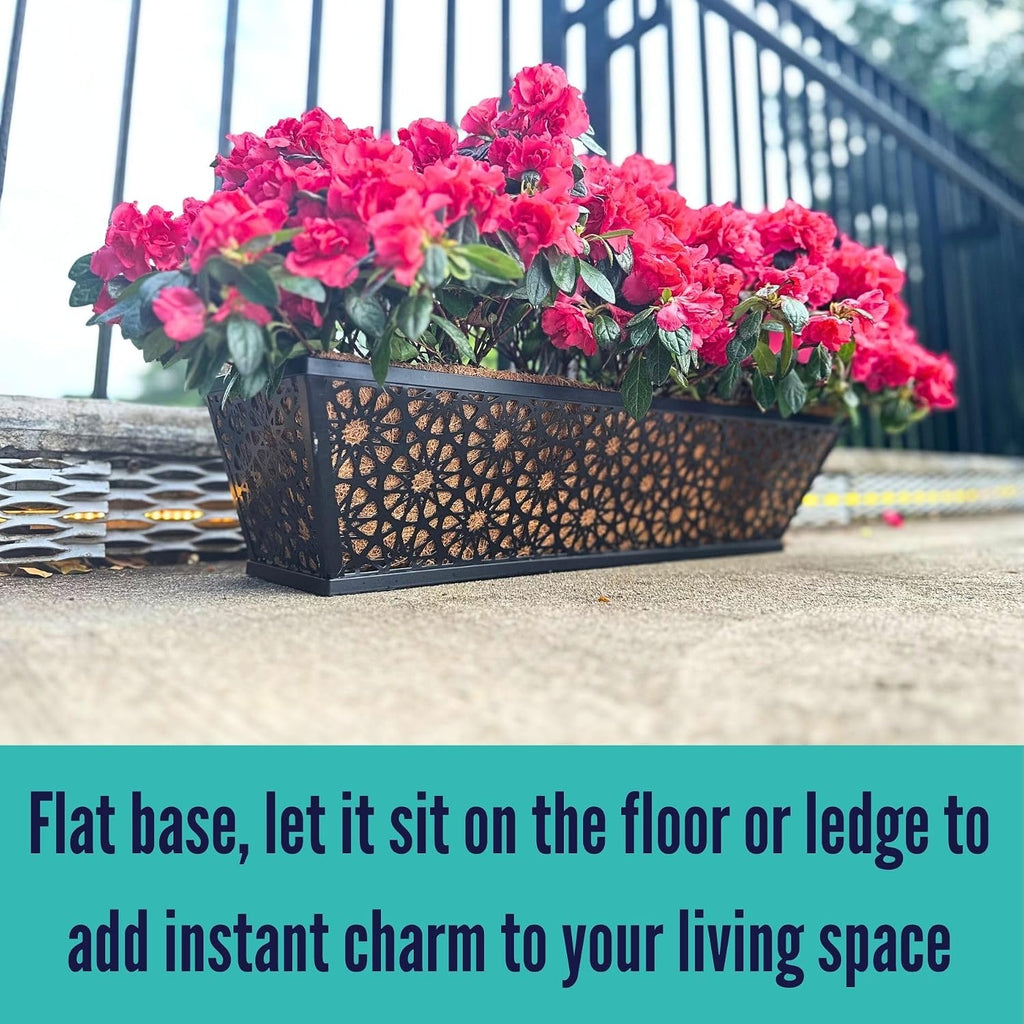 LaLaGreen Window Planter Boxes Outdoor (24 Inch, 4 Pack) Large Fence Hanging Planters Outdoor Plants, Metal Deck Railing Flower Box with Coco Liner, Modern Horse Troughs Balcony Pots Patio Porch Rail