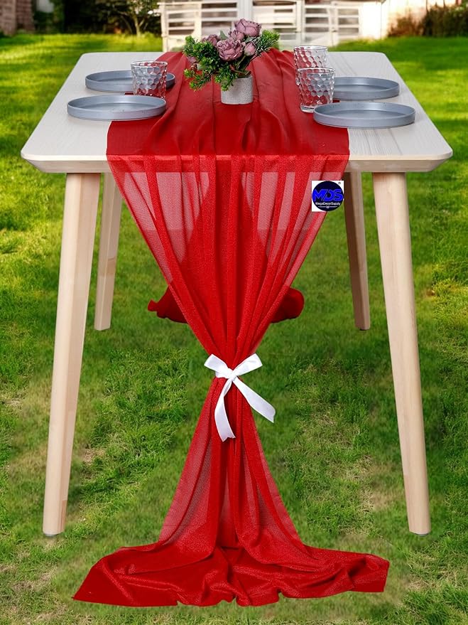 MDS Halloween Chiffon Table Runner - 10 Pack, 29 x 120 Inches, 10ft Each - Sheer Spooky Table Runners for Haunted House Parties, Trick-or-Treat Tables, Witchy Décor, Wedding & Events - Red