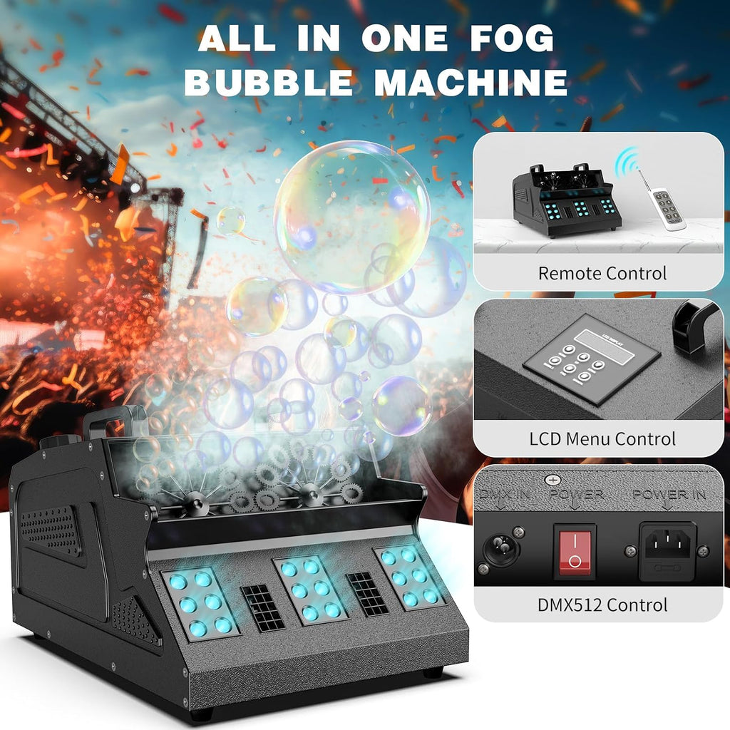 2000W Fog Machine, 3 in 1 Fog Bubble Machine with 2 Bubble Fans, 18 RGB LED Lights Smoke Bubble ALL IN ONE Fog Machine, Bubble Machine for Halloween Party Wedding Birthday