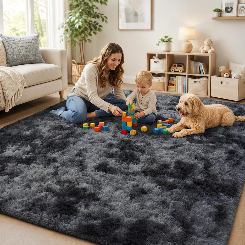 PLHXFR 8x10 Area Rugs Living Room: Fluffy Bedroom Soft Shag Rug Black Grey
