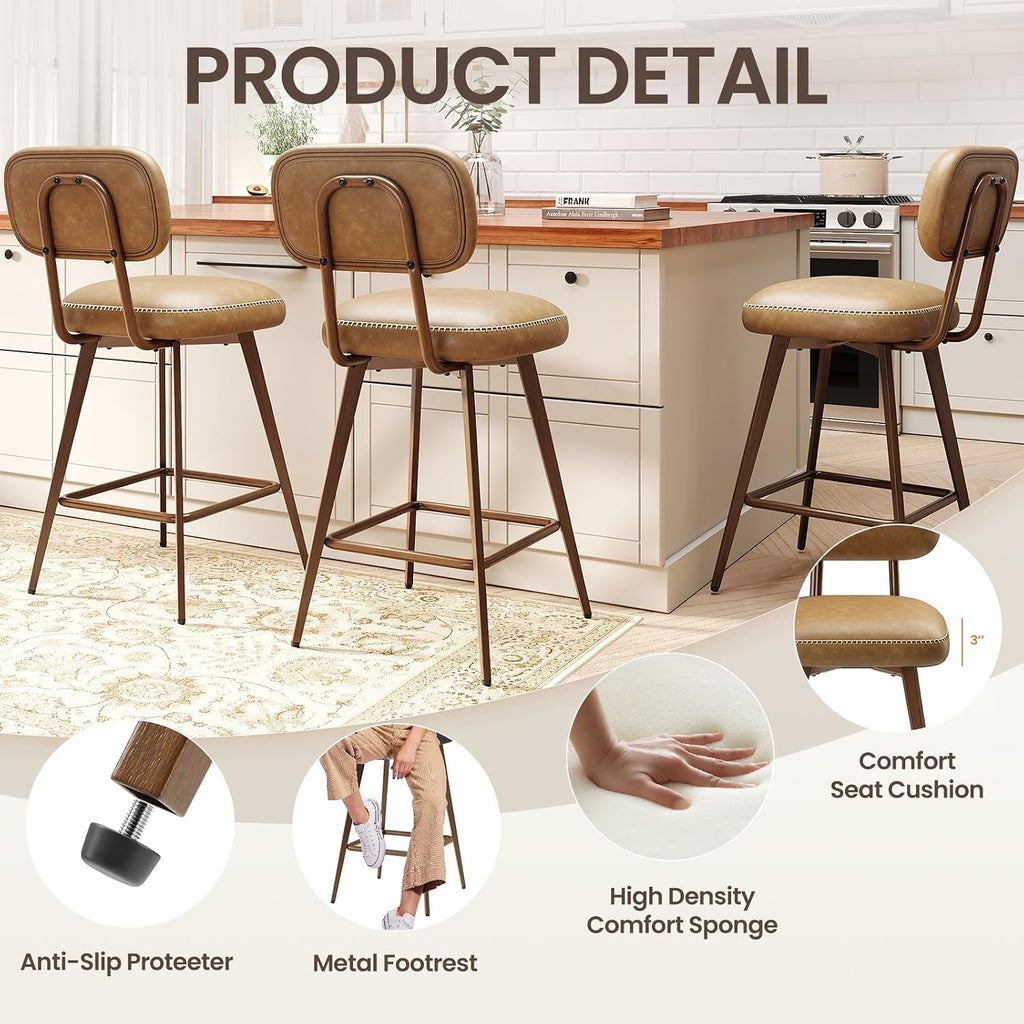 MALOL 26“ Swivel Bar Stools Set of 4, Mid Century PU Leather Counter Height Bar Chairs with Low Back and Metal Legs, Modern Bar Stool Chair for Kitchen Island, Brown