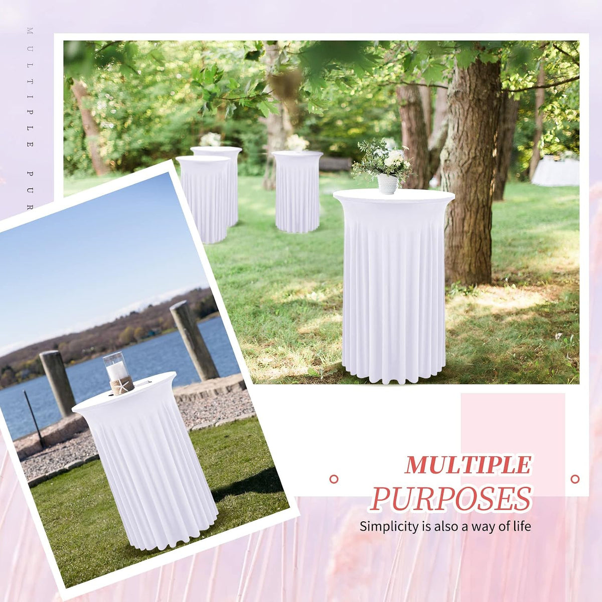 8 Packs White Round Cocktail Table Skirt 32"x 43"