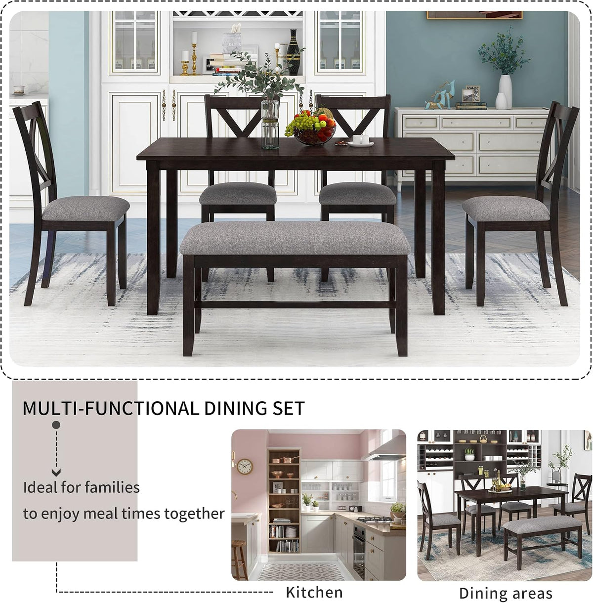 Merax 6 Piece Rustic Farmhouse Dining Table Set with Bench, Solid Wood Rectangular Kitchen Table Set with 4 Upholstered Chairs for Dining Room & Kitchen - Espresso+Gray