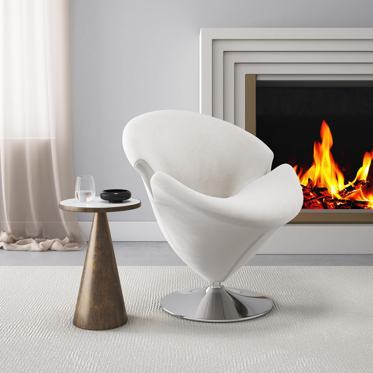 Manhattan Comfort Tulip Swivel Accent Chair Set of 2 with 360° Turn, Modern Flower Inspired Design, Soft Velvet Upholstery, Polished Chrome Base, No Assembly Required, 300 Lbs Capacity, White