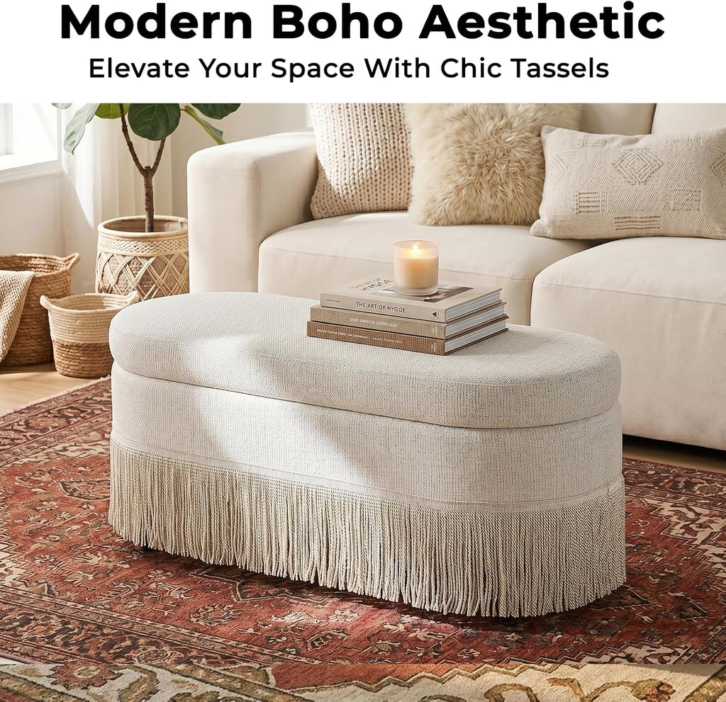 39.4“ Boho Storage Ottoman Bench with Tassels,Upholstered End of Bed Bench