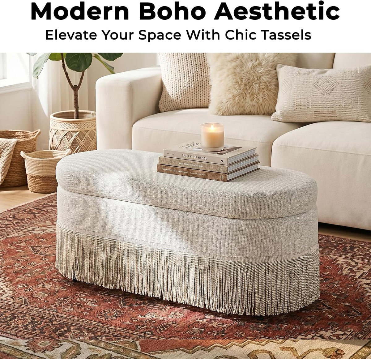 39.4“ Boho Storage Ottoman Bench with Tassels,Upholstered End of Bed Bench