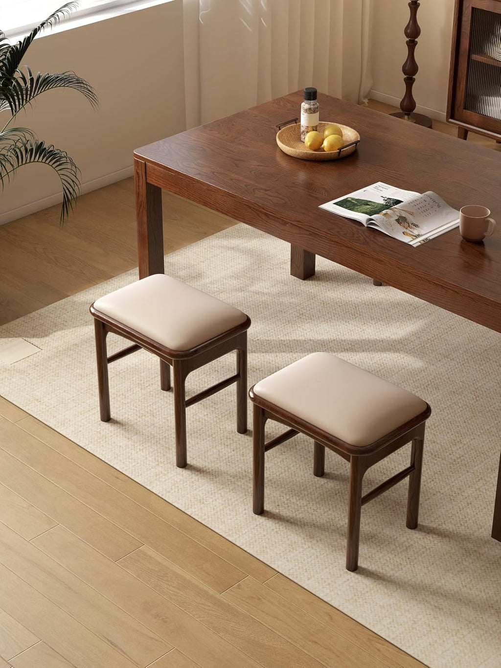 Upholstered Stool with Solid Wood Leg, Leather Padded Dining Ottoman Walnut Footrest Stool Bench Seat for Entryway Kitchen, 1pc