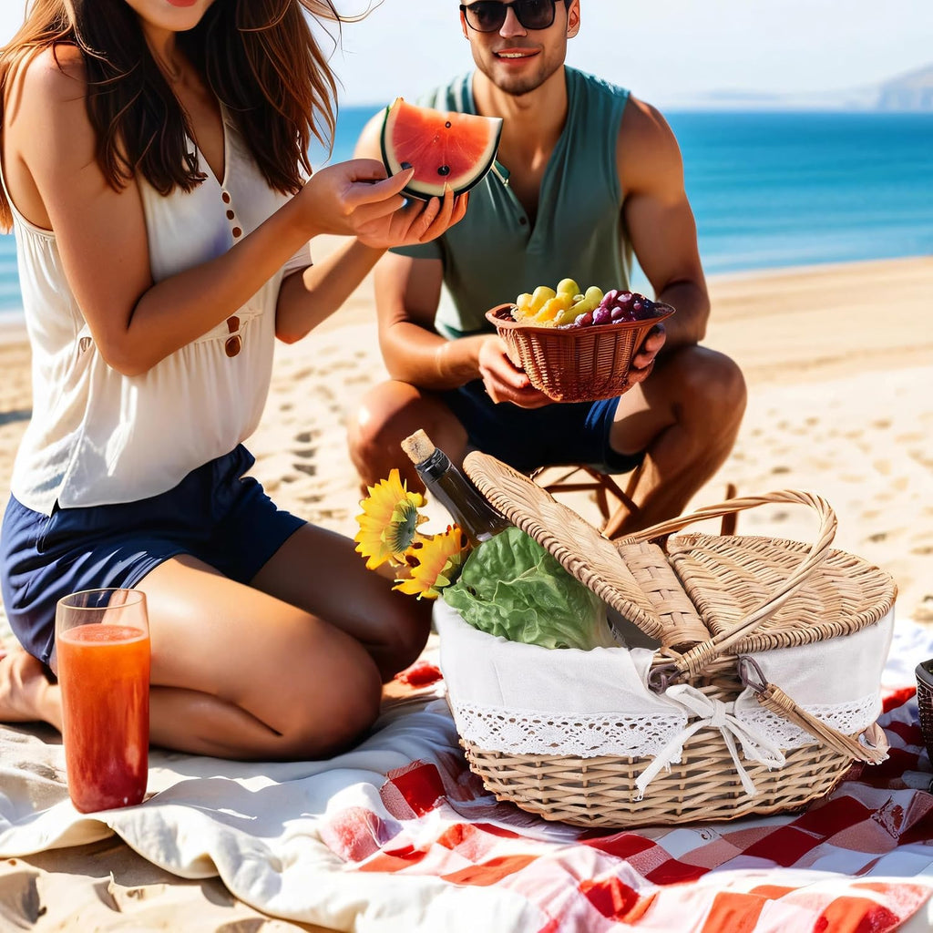 Wicker Picnic Basket with Removable Liner Empty Picnic Baskets with Lid, Picnic Hamper with Foldable Handles for Picnic 2, Natural Color, Large