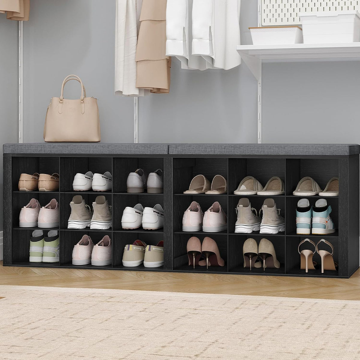 Hzuaneri Shoe Storage Bench with Cushion, Storage Bench with 18 Cubbies