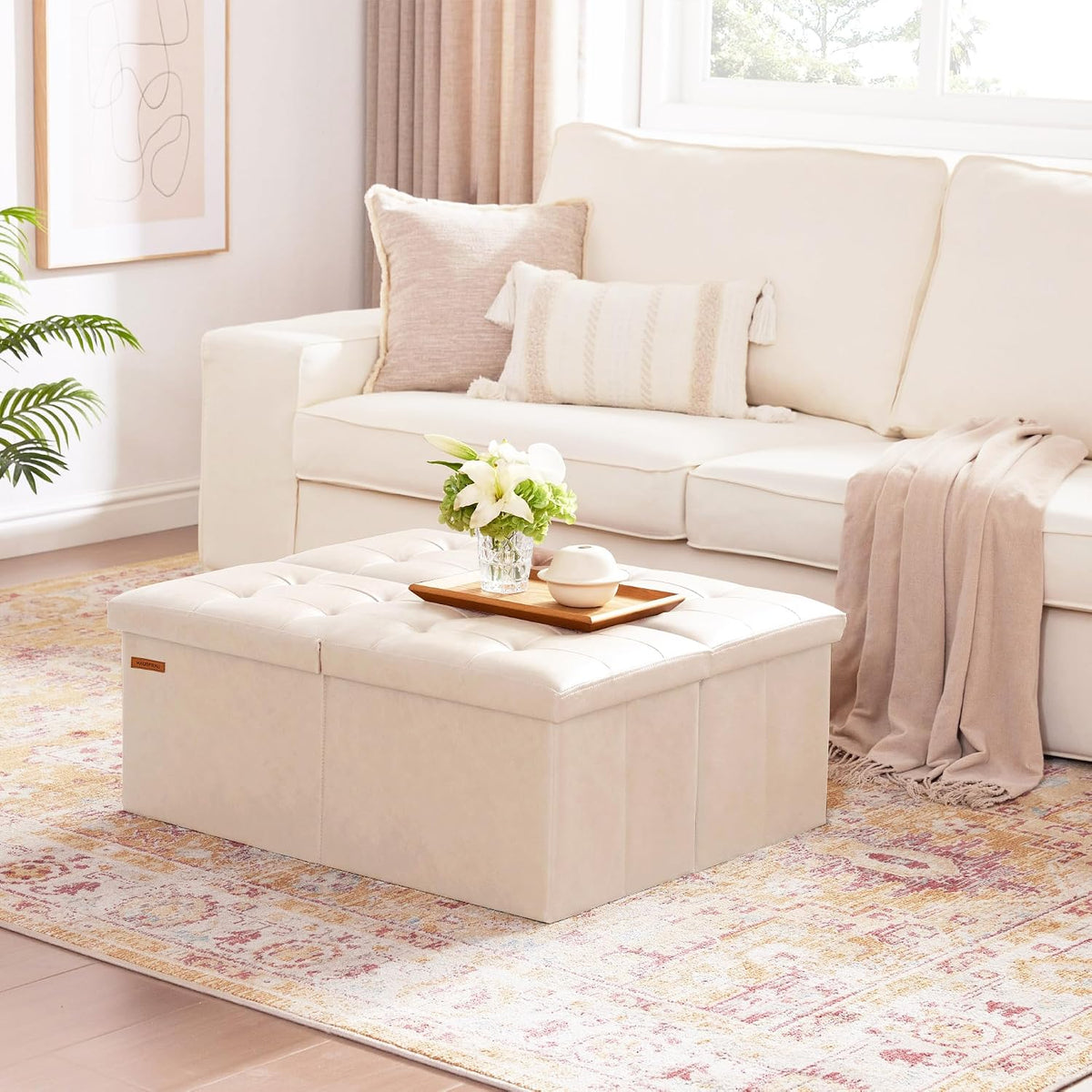 HAUSFRAU Ottoman with Storage Bench Folding Foot Rest Stool Ivory