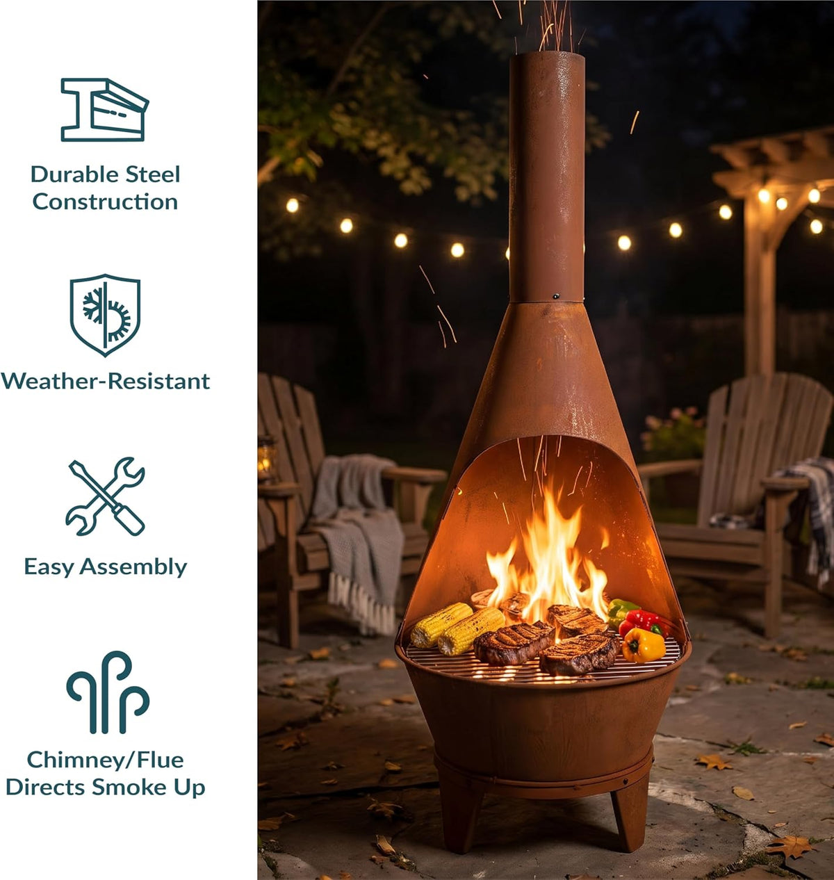 Sunnydaze Large Chiminea Outdoor Fireplace with Grill Grate, Rustic, 58"