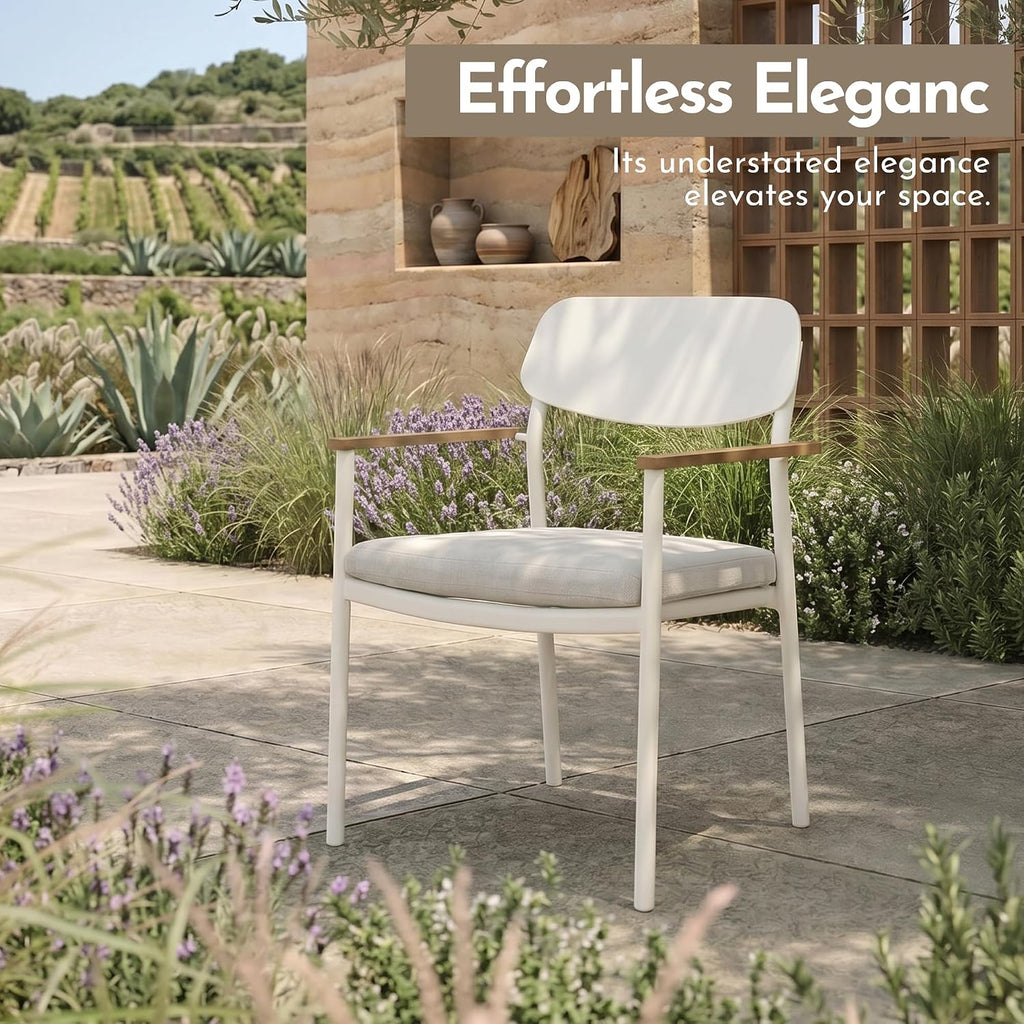 Modern Shade Luxury Outdoor Dining Chairs Set of 4, Fade Resistant, All-Aluminum Outdoor Chairs with FSC Teak Wood Armrests, Weather-Resistant Patio Chair with Quick Dry Cushion, White
