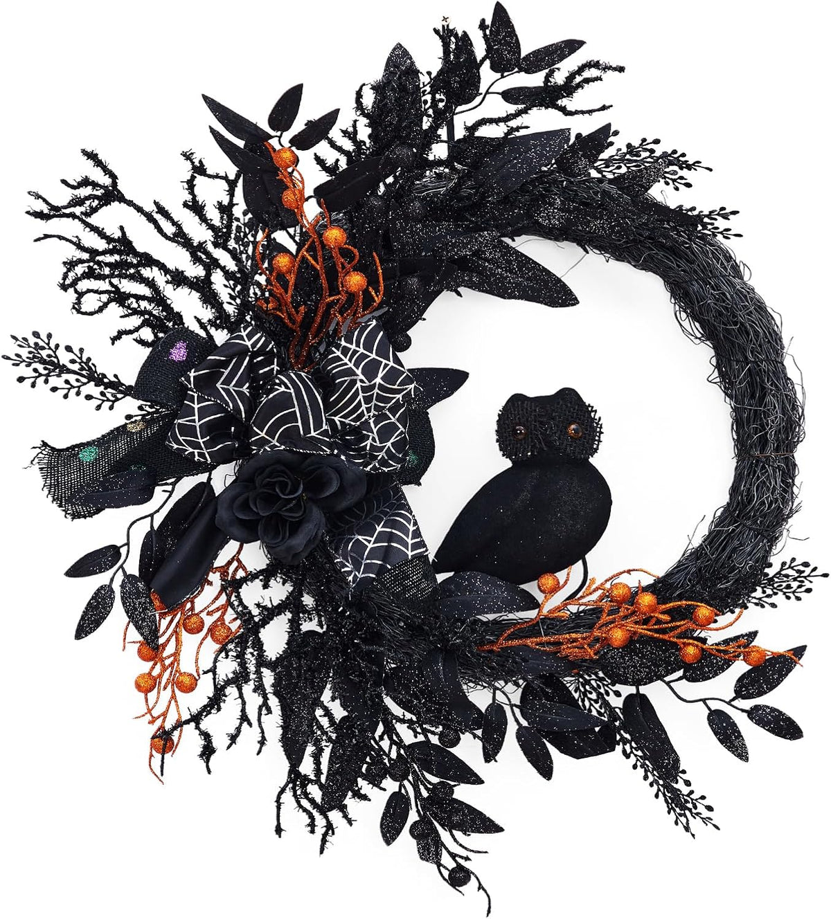 20 in Halloween Owl Wreath, Halloween Garland with Natural Vines and Black Artificial Roses for Door Porch Wall, Outdoor or Indoor Party Home Decor
