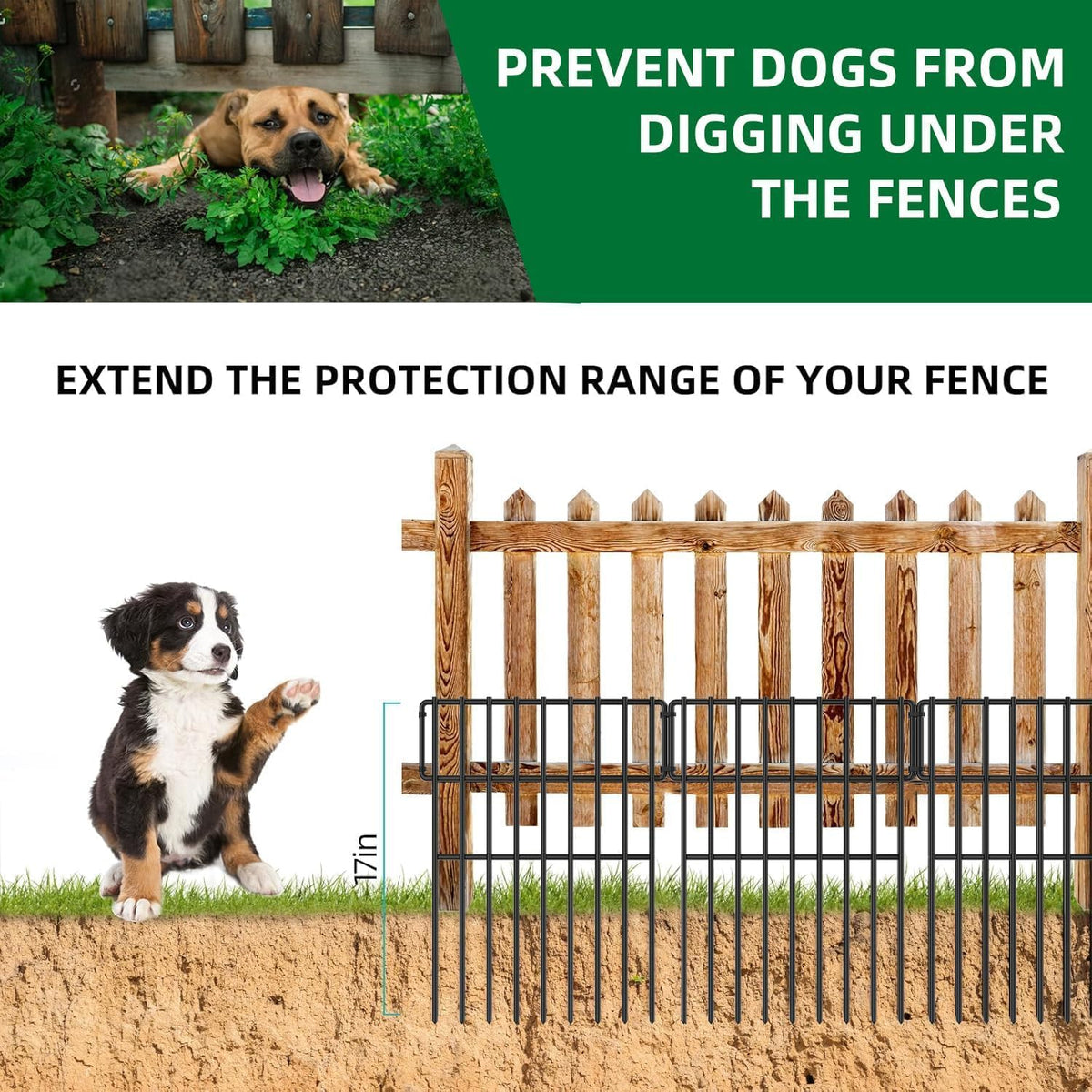 10 Panels Garden Fencing Animal Barrier, 17in (H) X 10.8ft (L) No Dig Dog Fence, 1.25 in Gap Fence Border for Dogs Rabbits, Rustproof Metal Decorative Fences Blocker for Outdoor, Yard, Patio