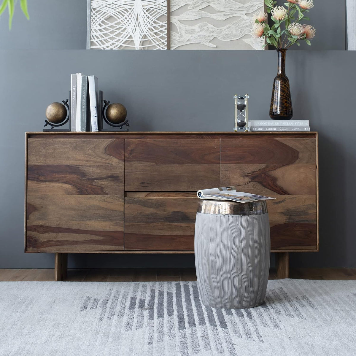 A&B Home Wave Pattern Stool - Drum Shape Ceramic Stool, Decorative Multipurpose Side Table, Living Room Bedroom Accent Table Plant Stand, 13" x 13" x 18"