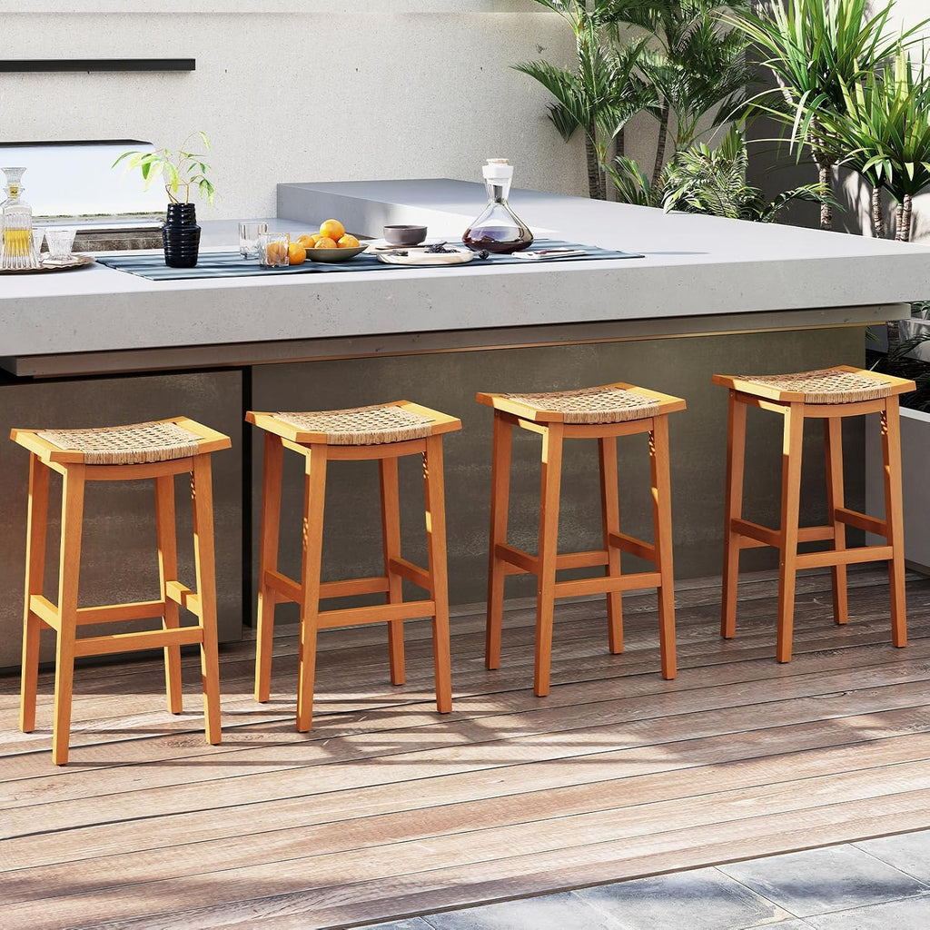 GIANTEX Outdoor Wooden Bar Stools Set of 2, 29" Backless Patio Barstools with PE Rattan Saddle Seat & Footrest, Solid Acacia Wood Bar Height Stools for Porch, Garden, Backyard, Poolside, Armless