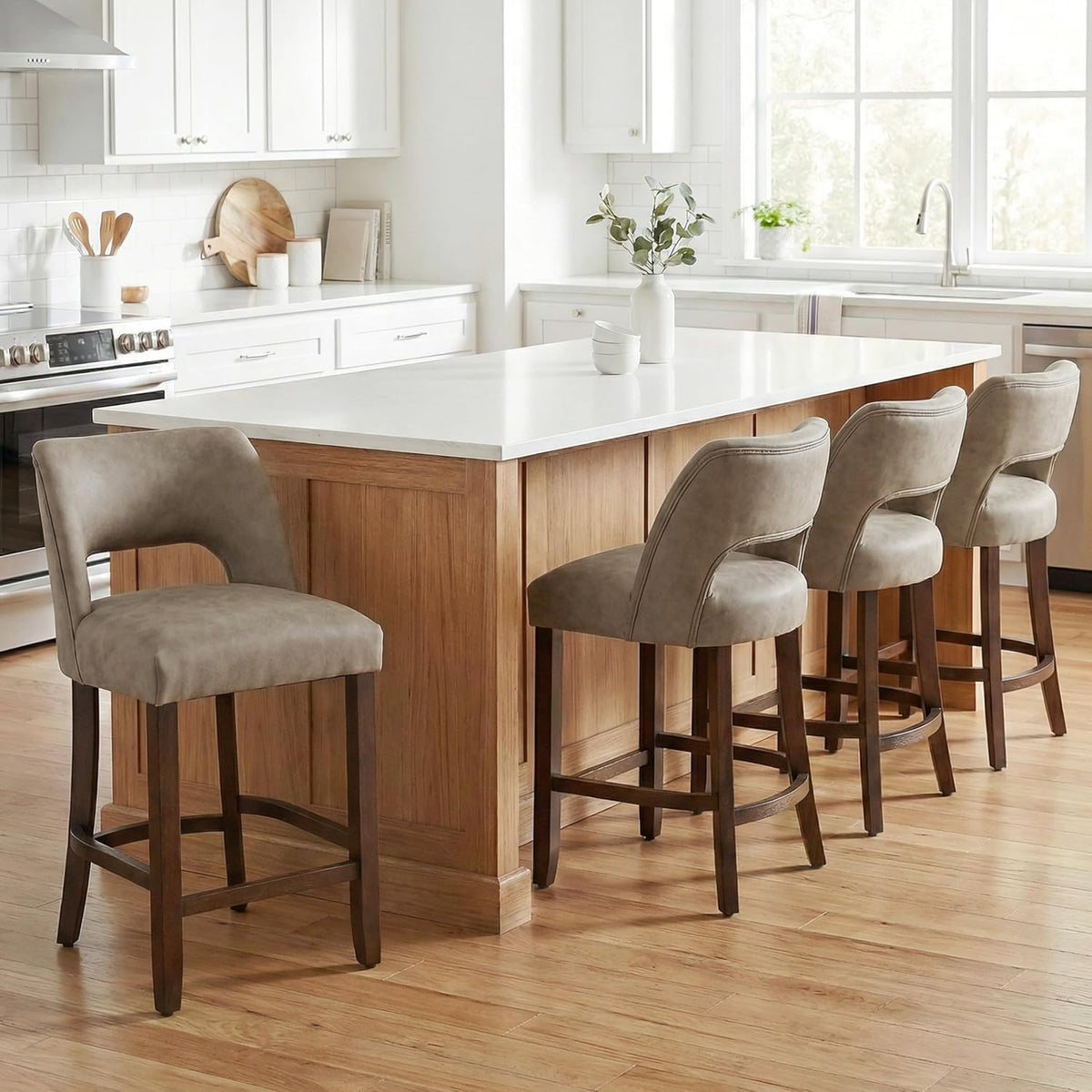 VKNOW 26" Faux Leather Counter Height Bar Stools Set of 4 with Open Back