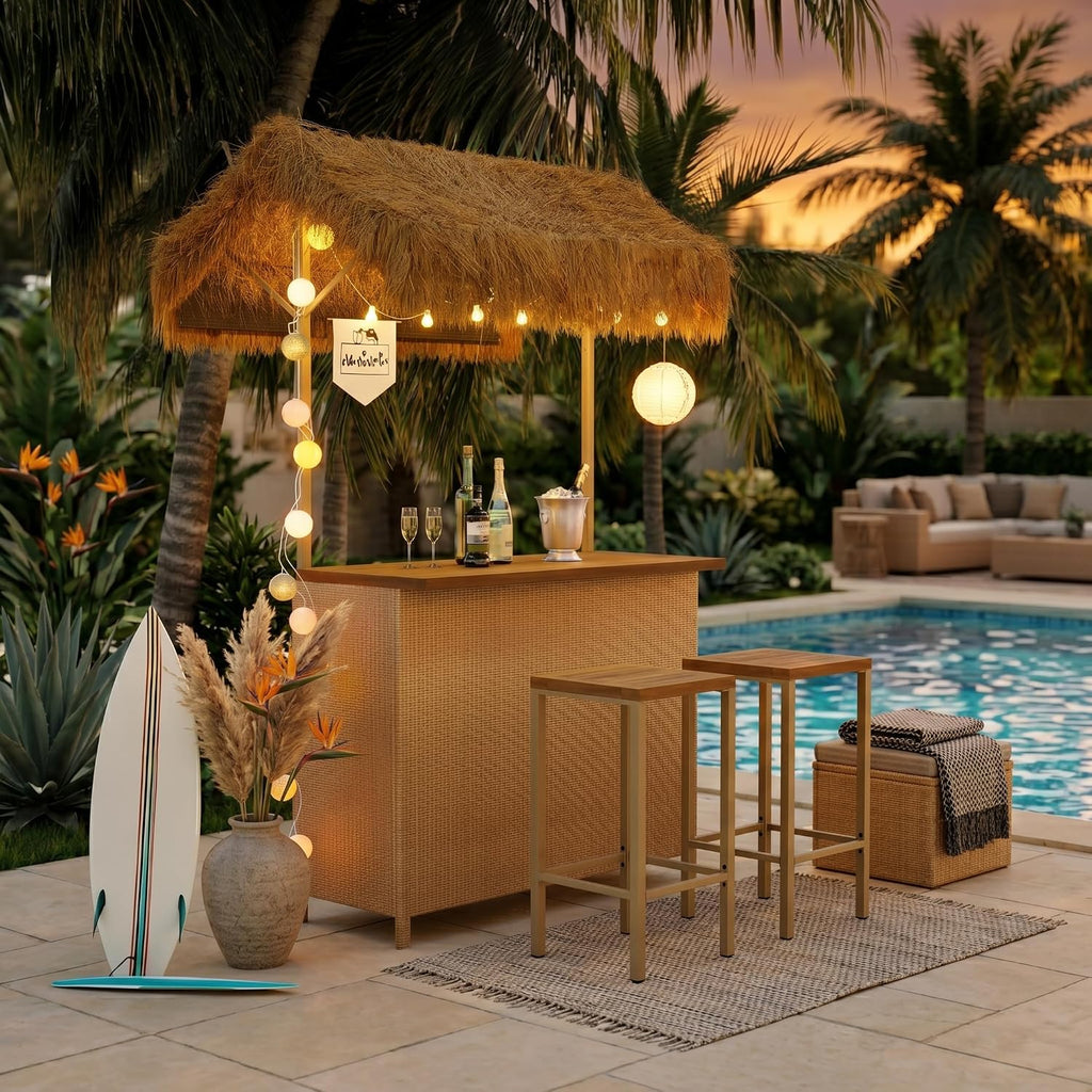 LUMISOL 3pcs Outdoor Bar Set, Hawaiian Style Bar Height Patio Set with PE Grass Canopy, Acacia Wood Top and Adjustable Feet, 3 Piece Wicker Island Bar and 2 Stools Set, Natural