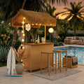 LUMISOL 3pcs Outdoor Bar Set, Hawaiian Style Bar Height Patio Set with PE Grass Canopy, Acacia Wood Top and Adjustable Feet, 3 Piece Wicker Island Bar and 2 Stools Set, Natural