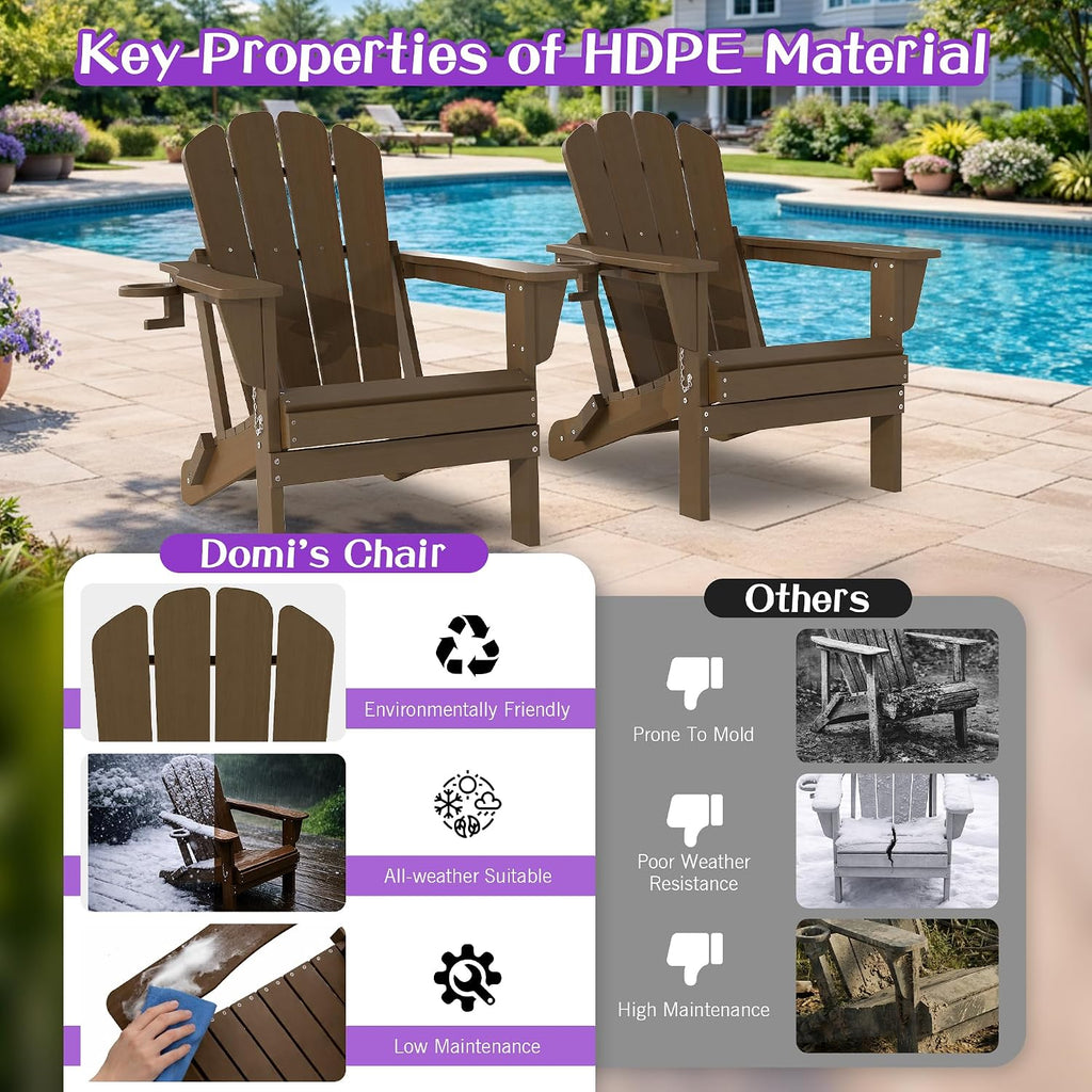 Domi Folding Adirondack Chair Set of 6, HDPE All-Weather Adirondack Chairs with Cup Holder, Outdoor Plastic Fire Pit Chairs Wood Texture for Poolside, Patio, Backyard, Deck (Khaki)
