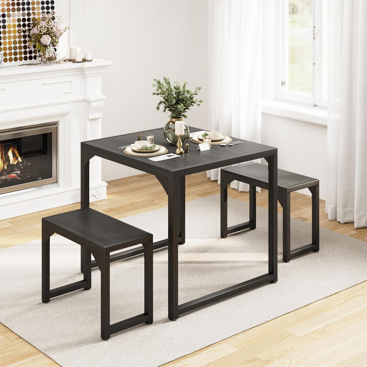Gizoon Square Dining Table Set for 2, Kitchen Table with 2 Benches Black