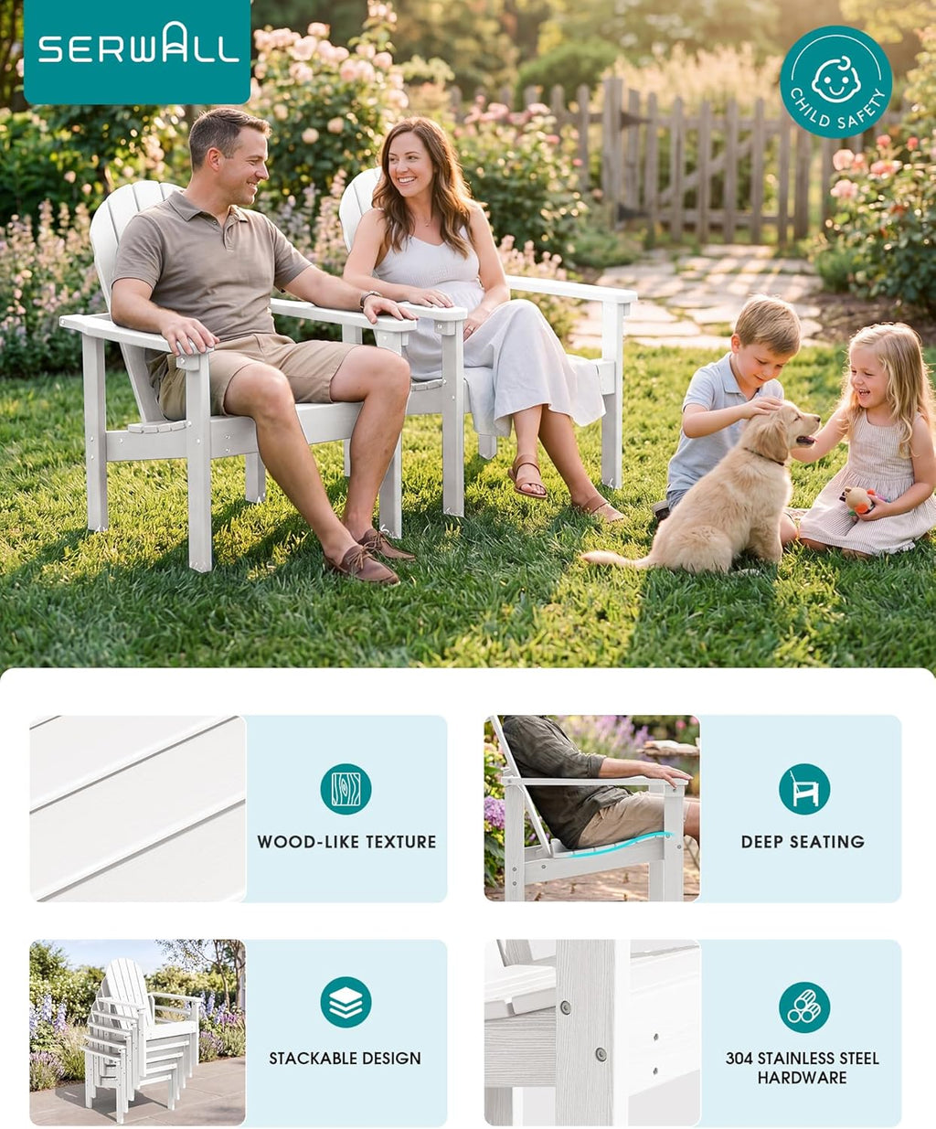 SERWALL HDPE Stackable Adirondack Chair,Space-Saving, White