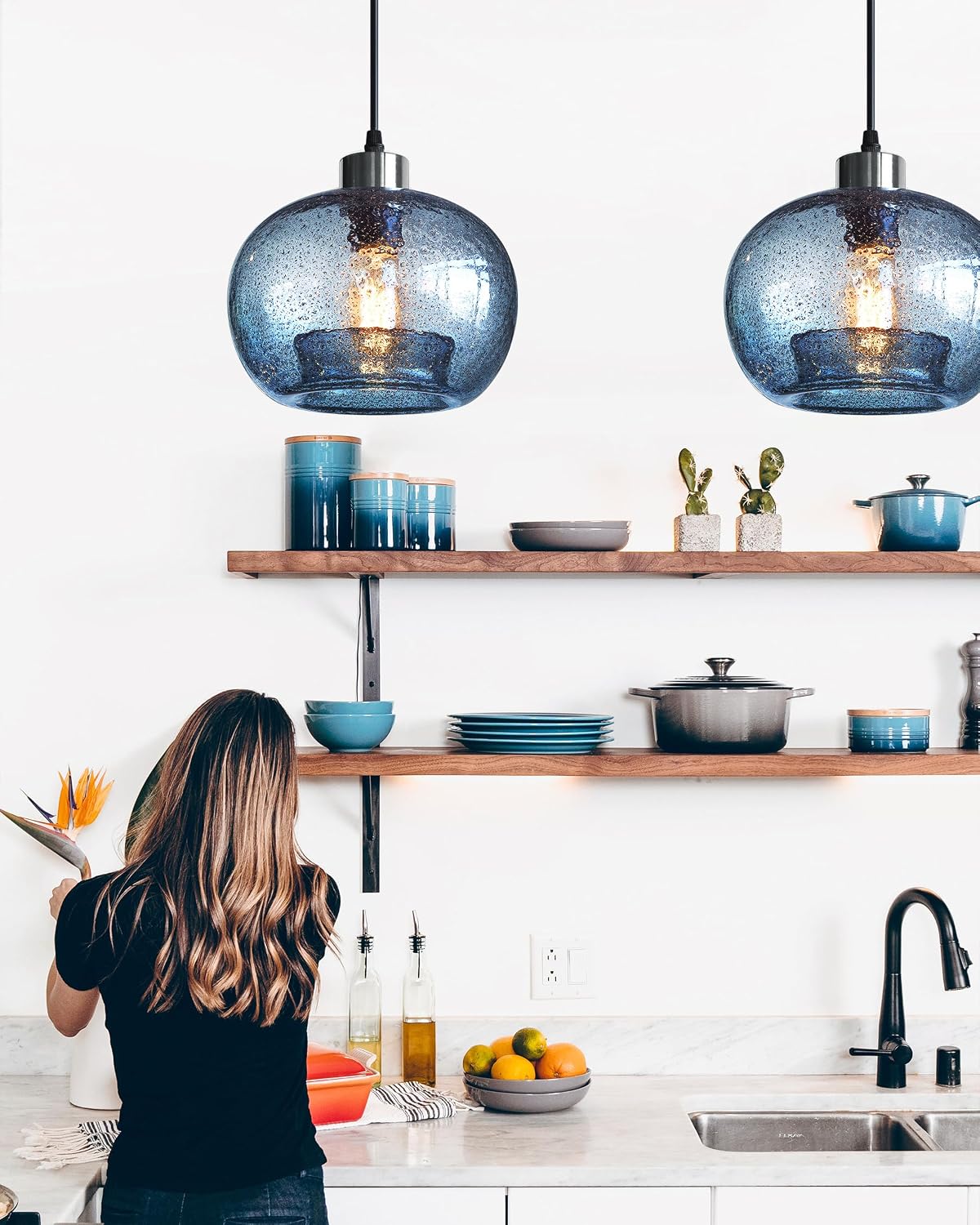 CASAMOTION Blue Pendant Light, Hand Blown Glass,Brushed Nickel, 8.7 Inch