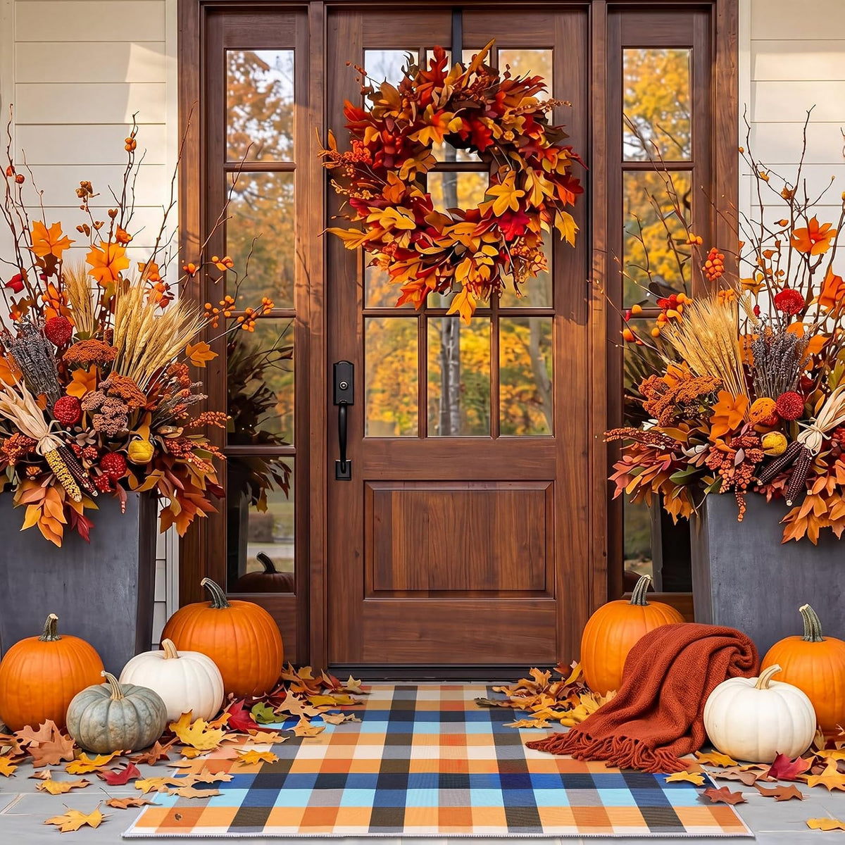 Breling Fall Plaid Door Mat Outdoor Porch Entry, Plaid, Blue and Orange