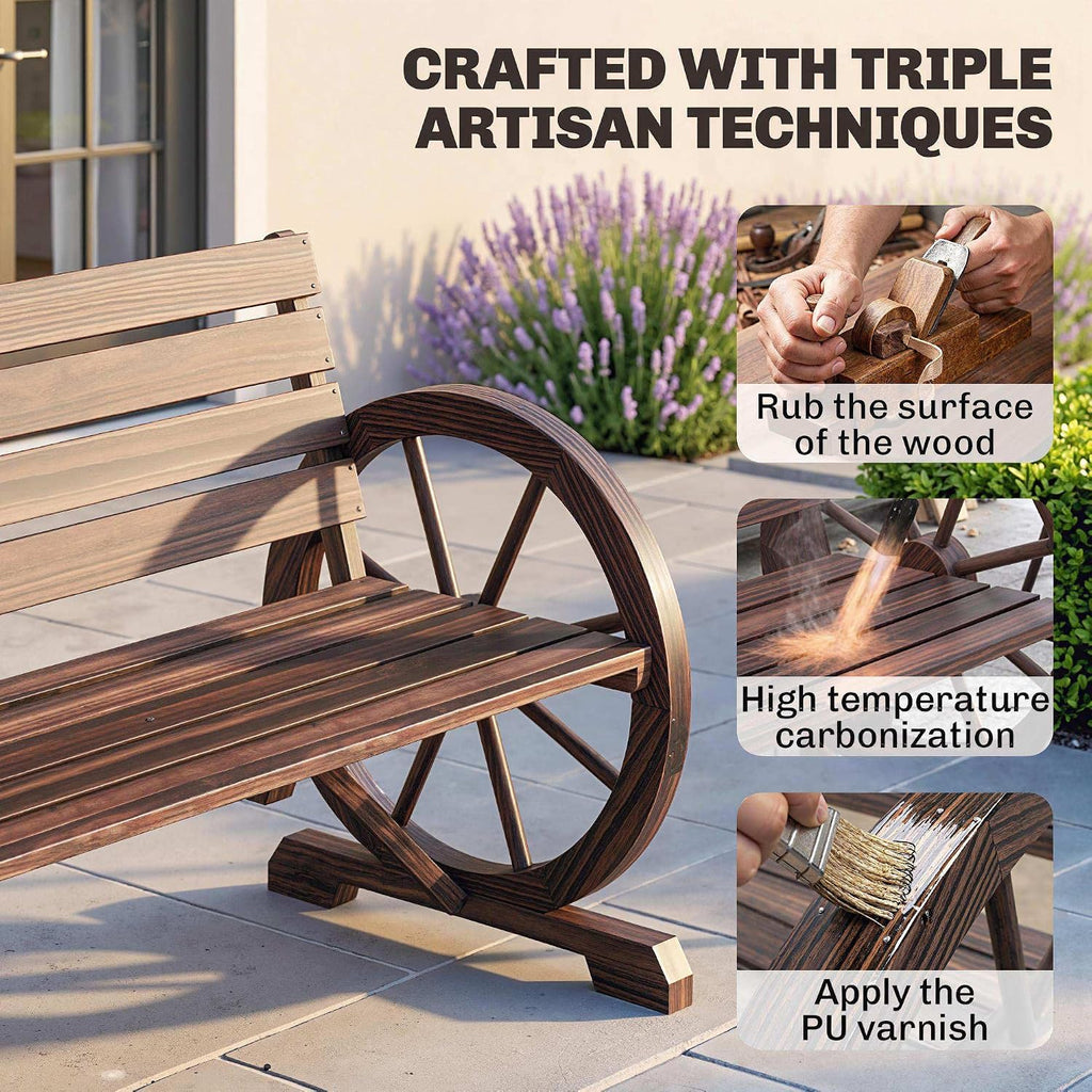 Outsunny 41" Wooden Wagon Wheel Bench Rustic Outdoor 2-Person Carbonized