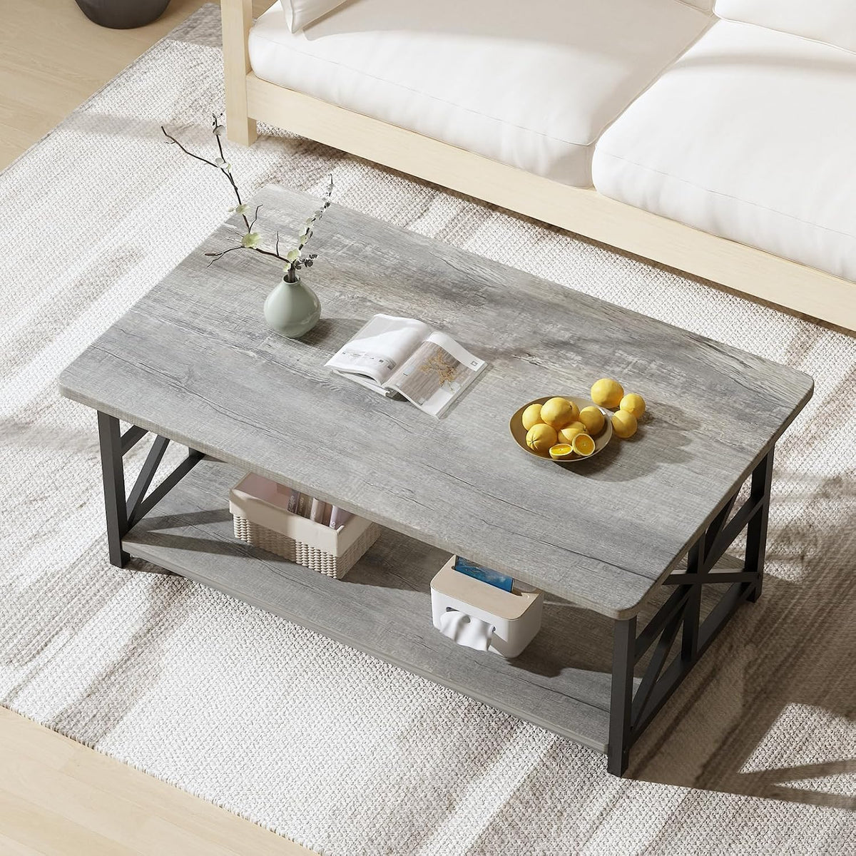 AWQM Gray Coffee Table for Living Room with Round Corners, 2 Tier Living Room Table with Storage Shelf,Rectangular Coffee Table Center Table for Small Spaces,Easy Assembly