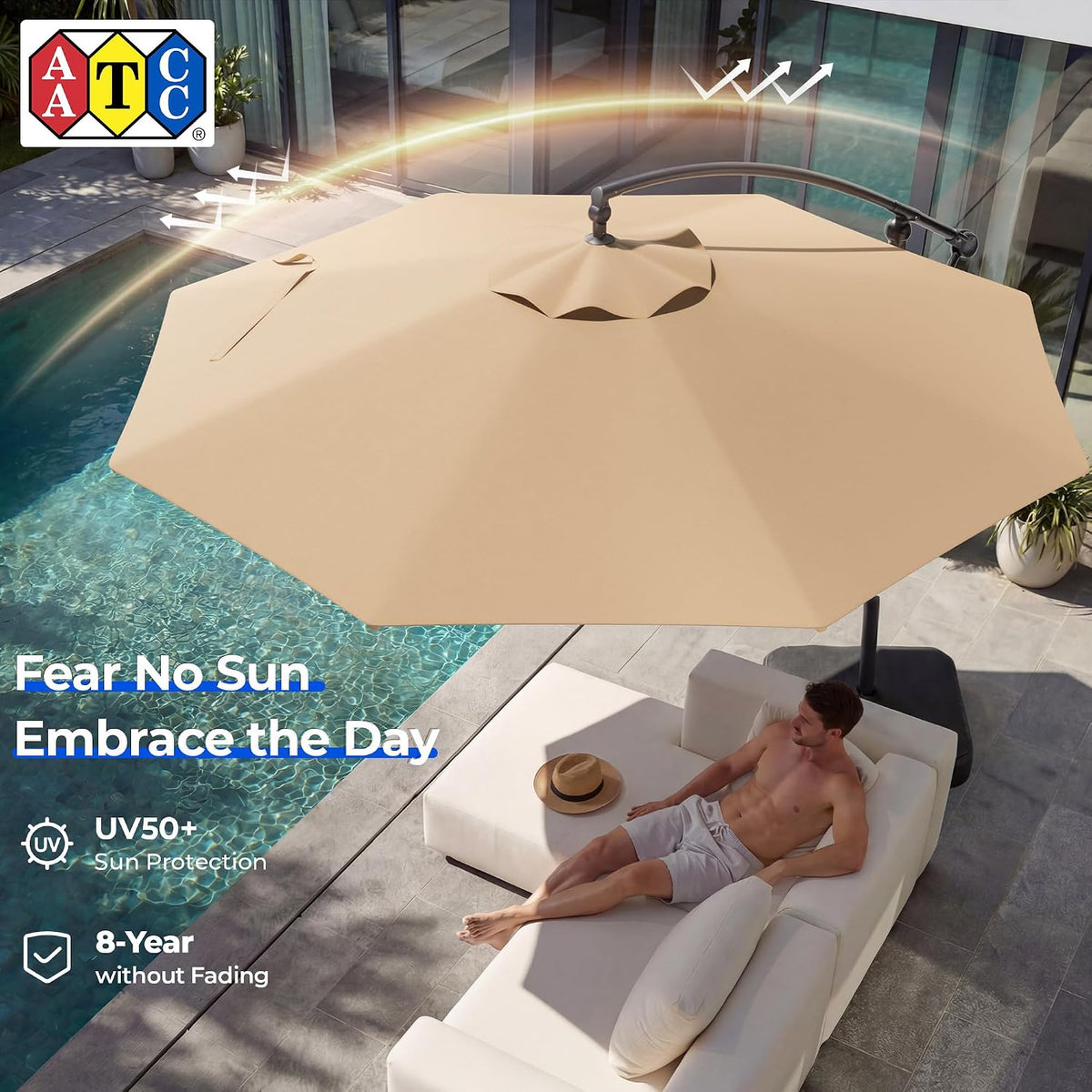 HOMSHADE 10ft Cantilever Patio Umbrella with Base Included, 30 MPH Wind-Resistant Offset Outdoor Hanging Umbrella with 45 Degree Infinite Tilt and Smooth Crank, 260gsm Solution-Dyed 8-Year Fade-Resistant Canopy for Backyard Pool Deck, Beige