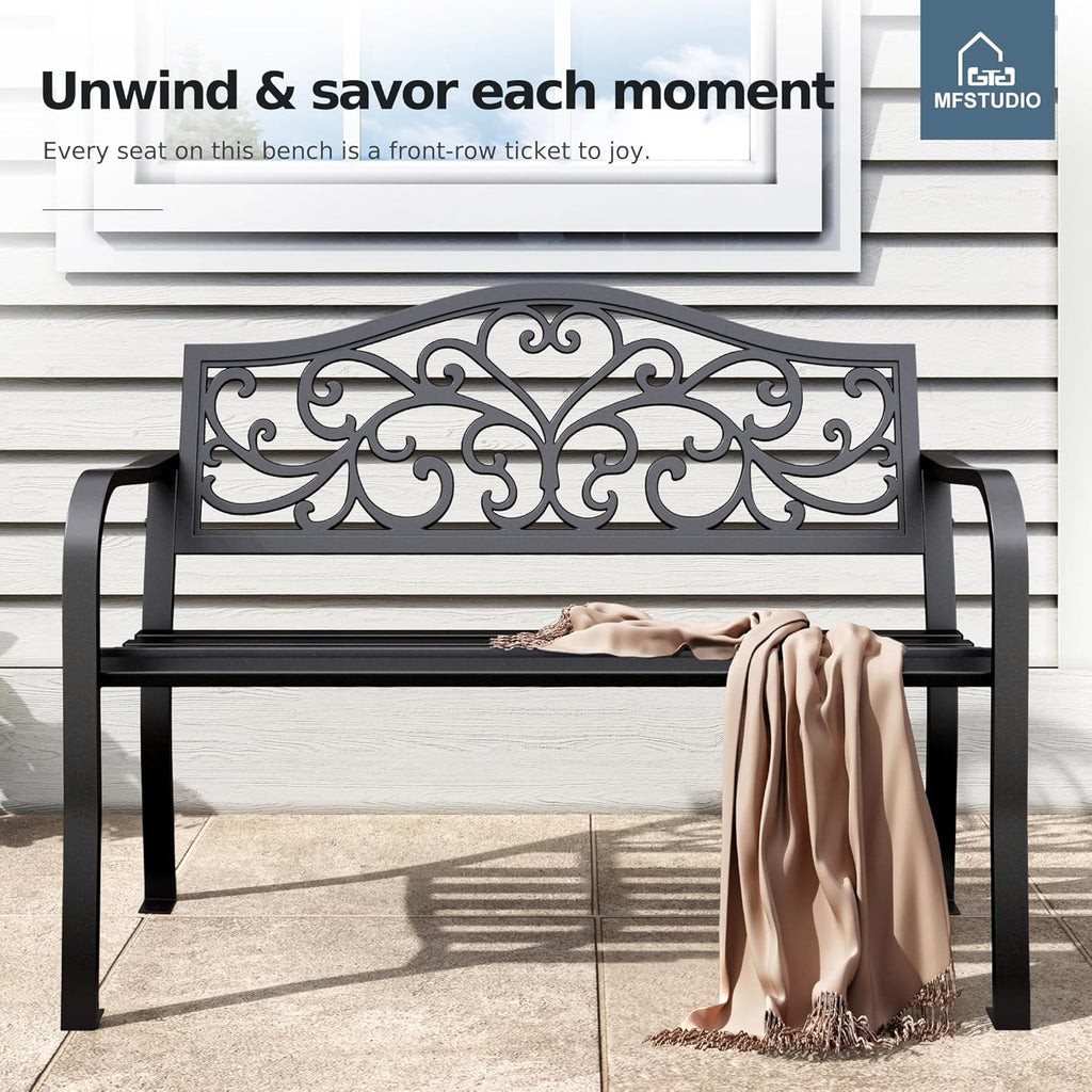 MFSTUDIO 43.7 Inches Cast Iron Outdoor Garden Bench, Floral Backrest, Black