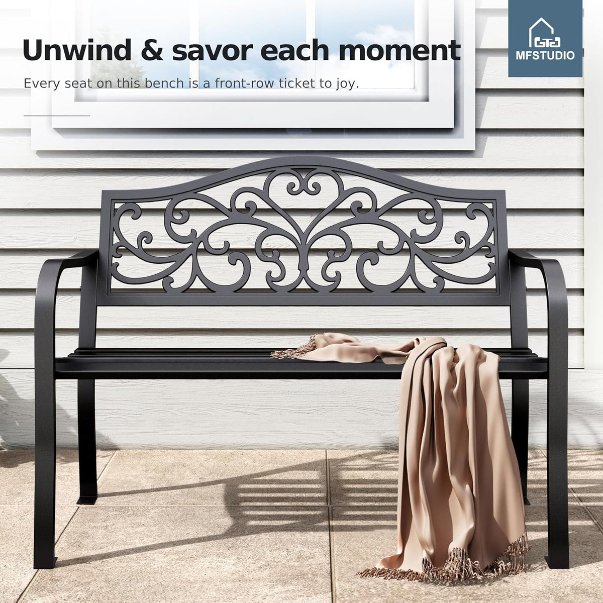 MFSTUDIO 43.7 Inches Cast Iron Outdoor Garden Bench, Floral Backrest, Black