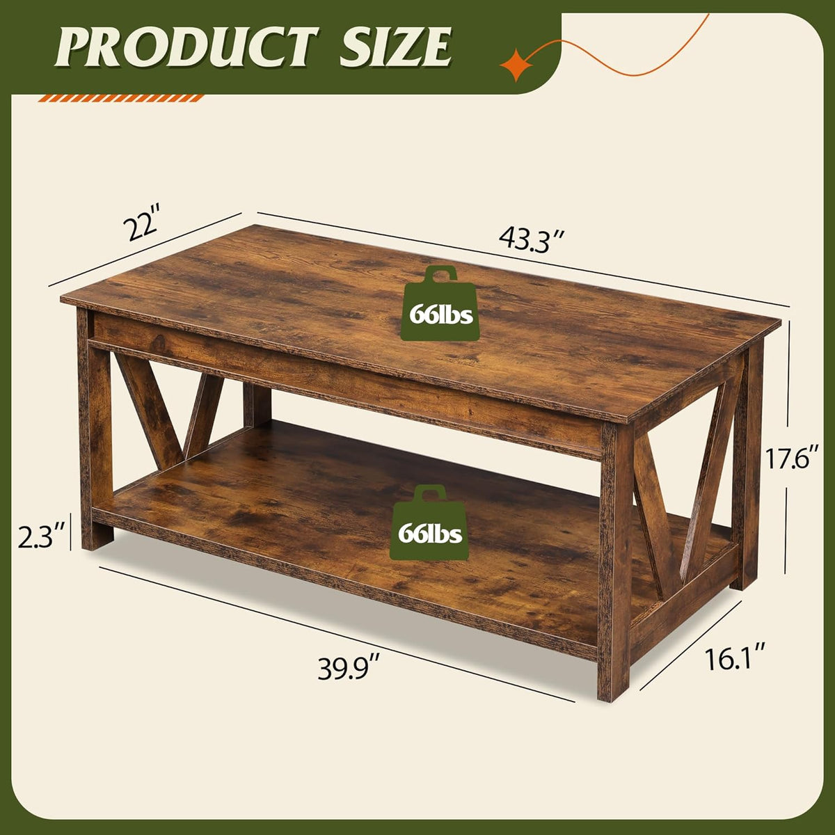 WLIVE Coffee Table, 43.3 Inch Farmhouse Table with Storage, Rustic Brown