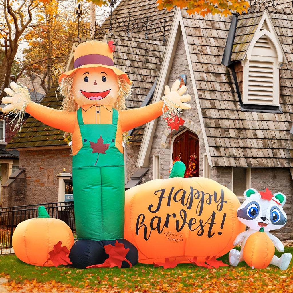 DomKom 6ft Tall LED Lighted Inflatable Scarecrow and Pumpkin – Halloween Thanksgiving Fall Yard Decoration with Built-in Lights – Outdoor Blow Up Decor for Lawn, Garden, Party