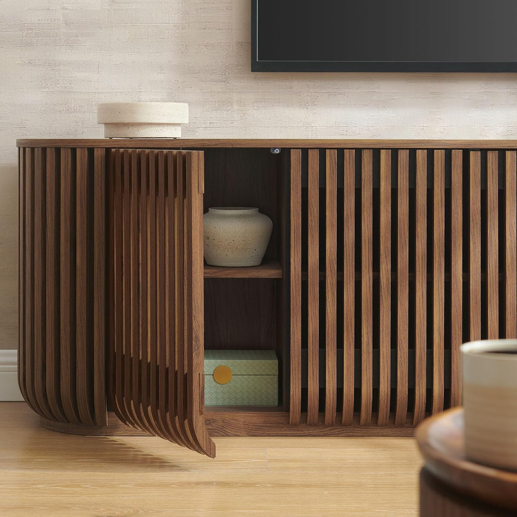 Modway Fortitude 75" Fluted Curved Sideboard Buffet with 4 Doors in Walnut – Modern Media Console TV Stand with Adjustable Shelves and Cable Management – Office Credenza Storage Cabinet