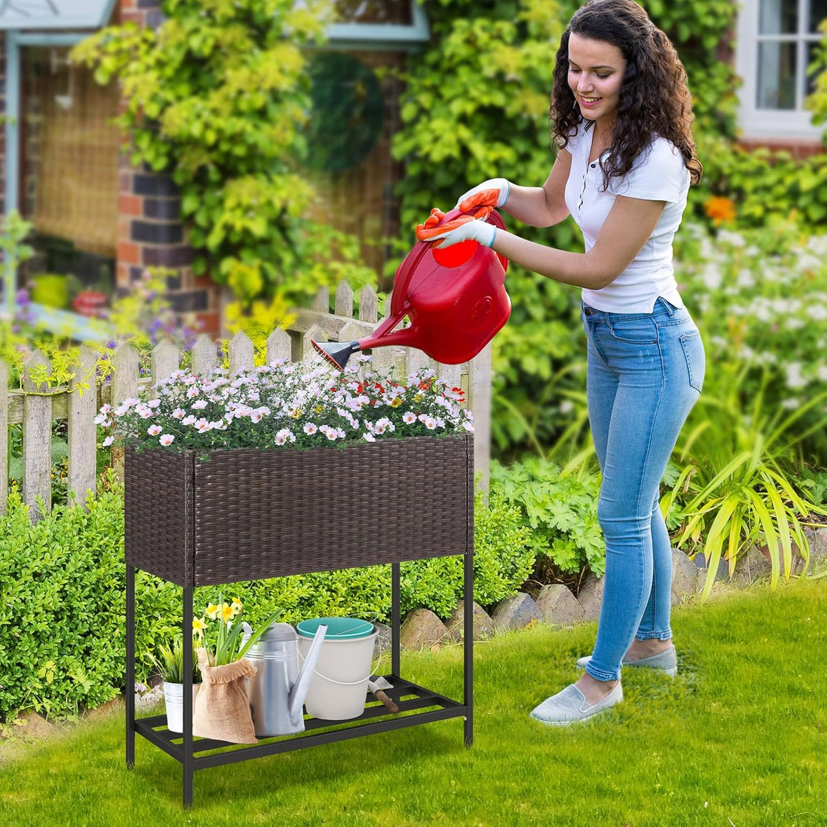 Giantex Raised Garden Bed with Legs, 28" x12" Rattan Elevated Planter Box w/Storage Shelf, Removable Liner, Drainage Gaps for Vegetables, Flowers & Herbs, Outdoor Planting Stand for Backyard, Patio
