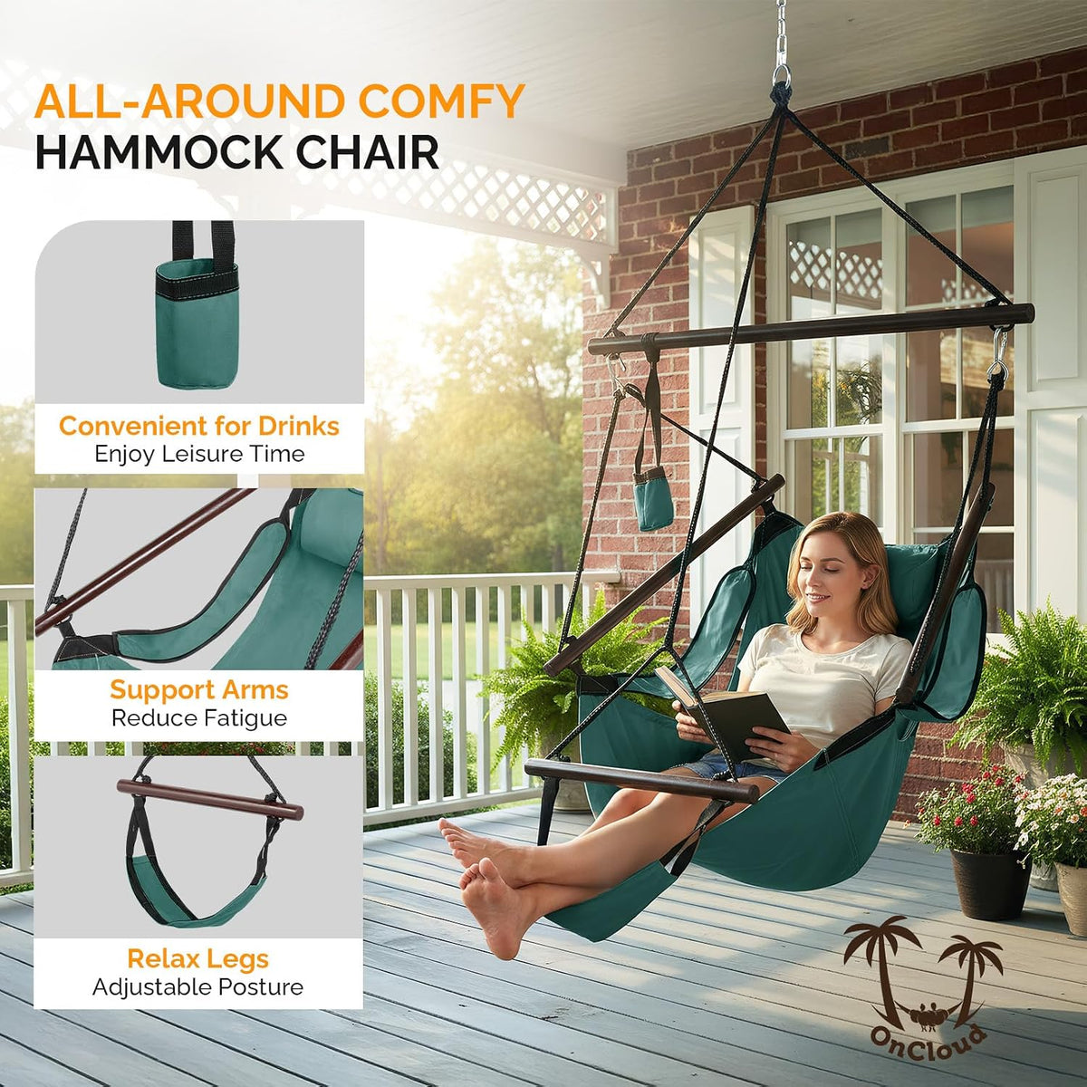 ONCLOUD Upgraded Unique Hammock Hanging Sky Chair, Air Deluxe Swing Seat with Rope (Green)