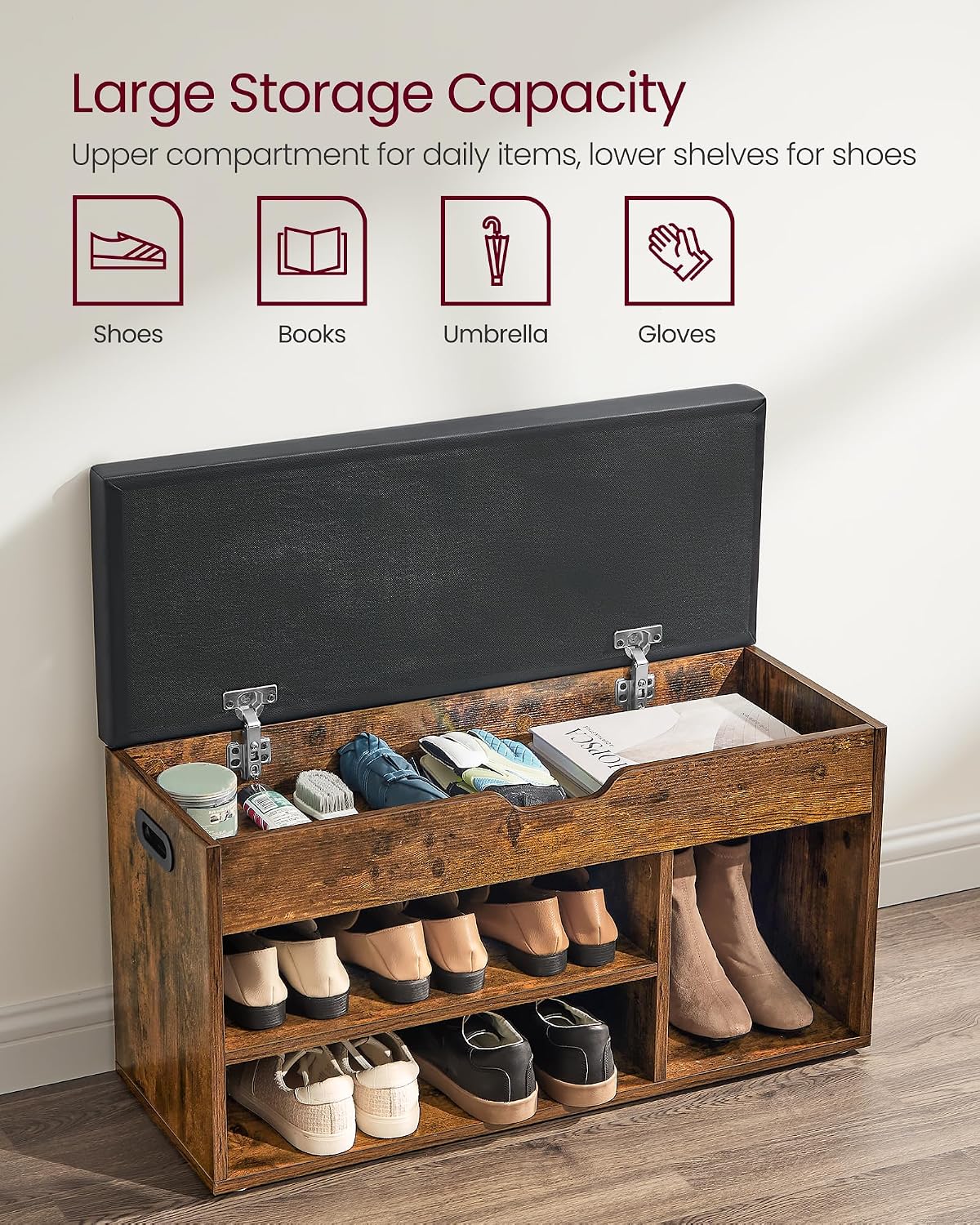VASAGLE Storage Bench with Cushion, Shoe Bench,11.8 x 31.5 x 17.3 Inches