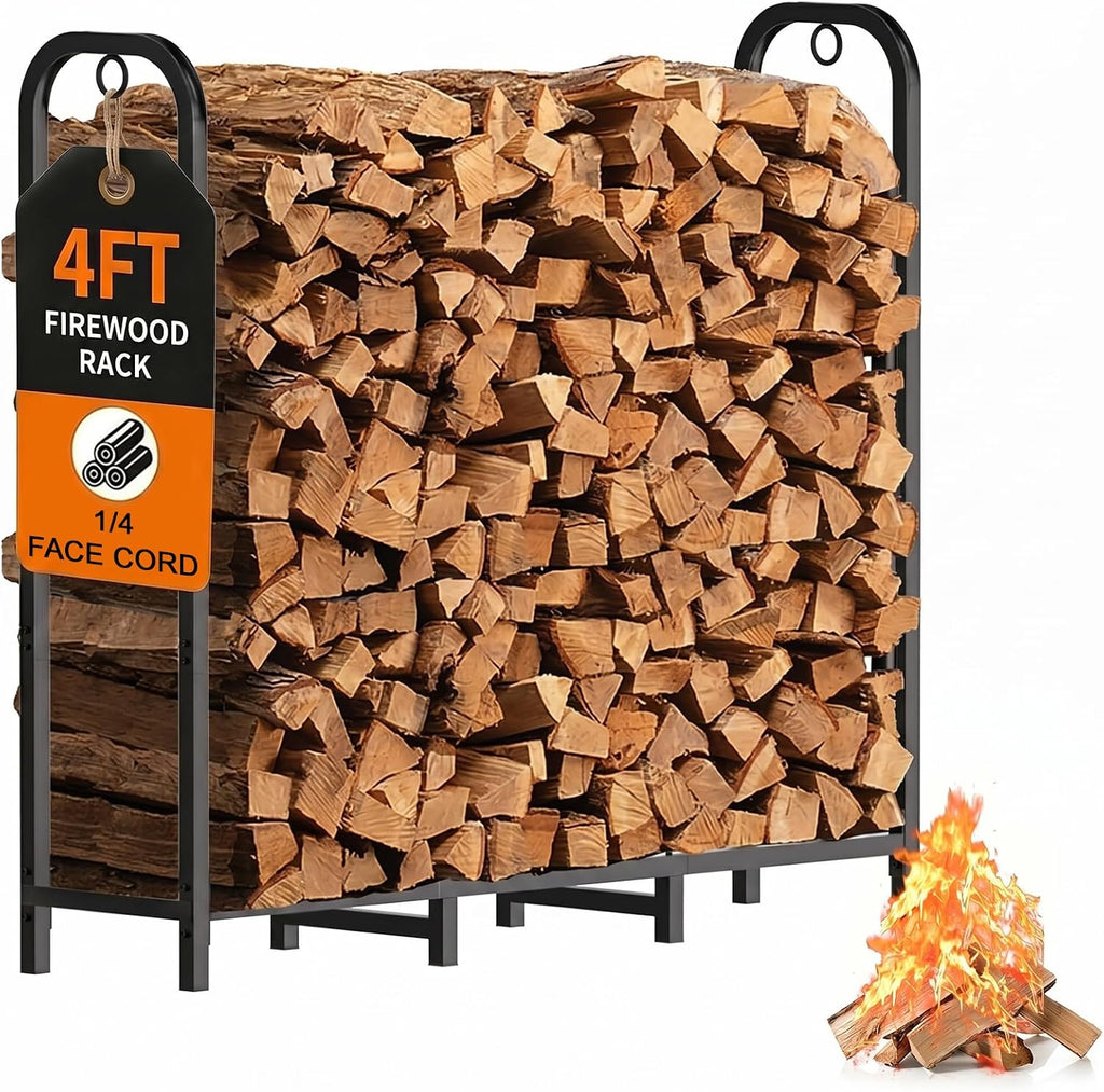 Gtongoko 4ft Heavy Duty Metal Firewood Rack Outdoor Indoor Fire Wood Holder Rack for Fireplace, Log Racks for Firewood Outdoor, Wood Pile Storage Organizer, Black