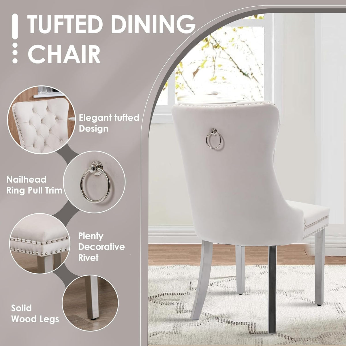 5 Piece Clear Round Glass Top Dining Set, 42'' Mid Century Modern Circle Dinner Room Set, 4 Person Luxury Circular Kitchen Table Set, Beige High-end Tufted Chairs, for Small Apartment (Silver)