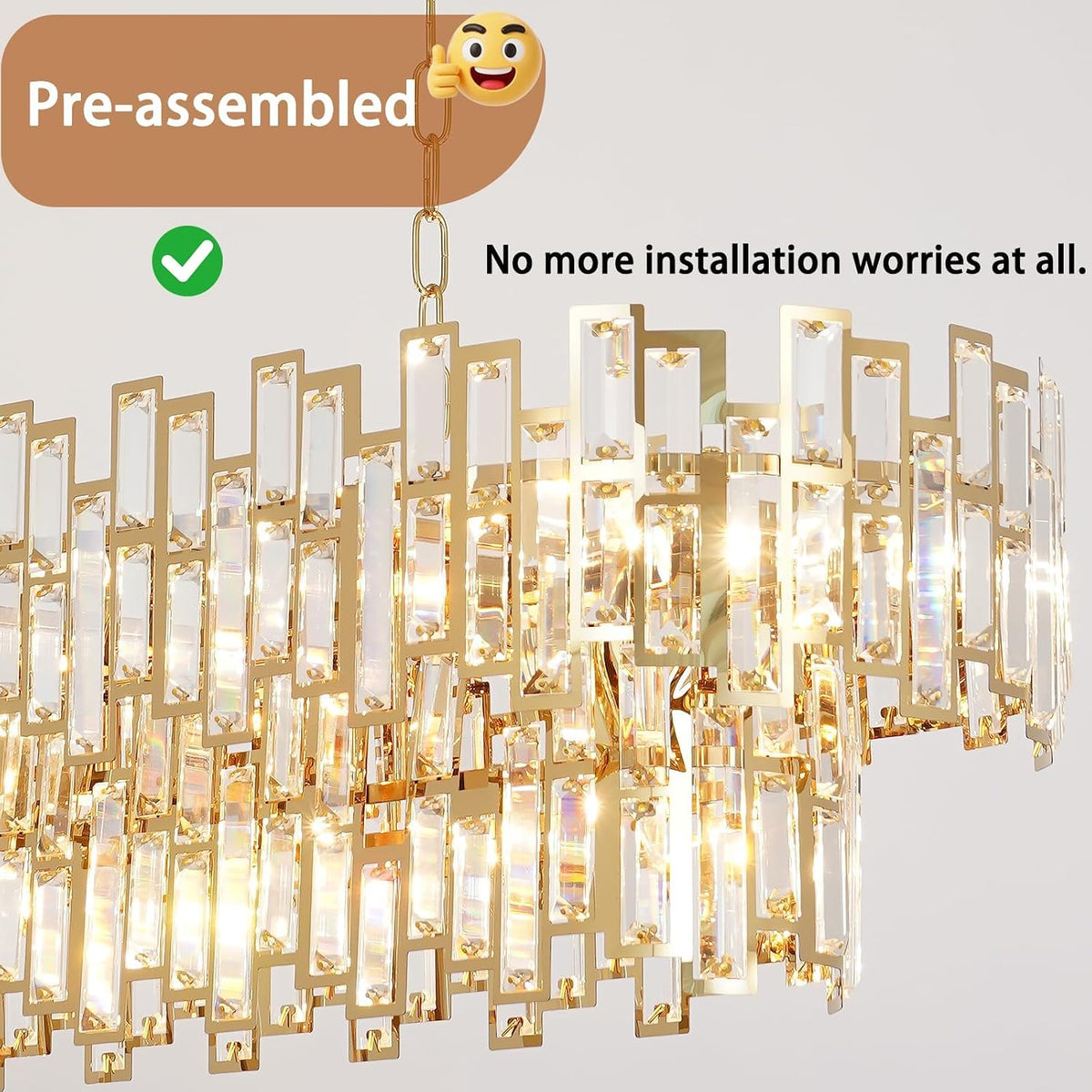 51 Inch Modern Large Crystal Chandelier Light Luxury Gold Rectangular Chandeliers for Dining Room Contemporary Oval Kitchen Island Bar Pendant Ceiling Lamp(Preinstalled K9 Crystals)