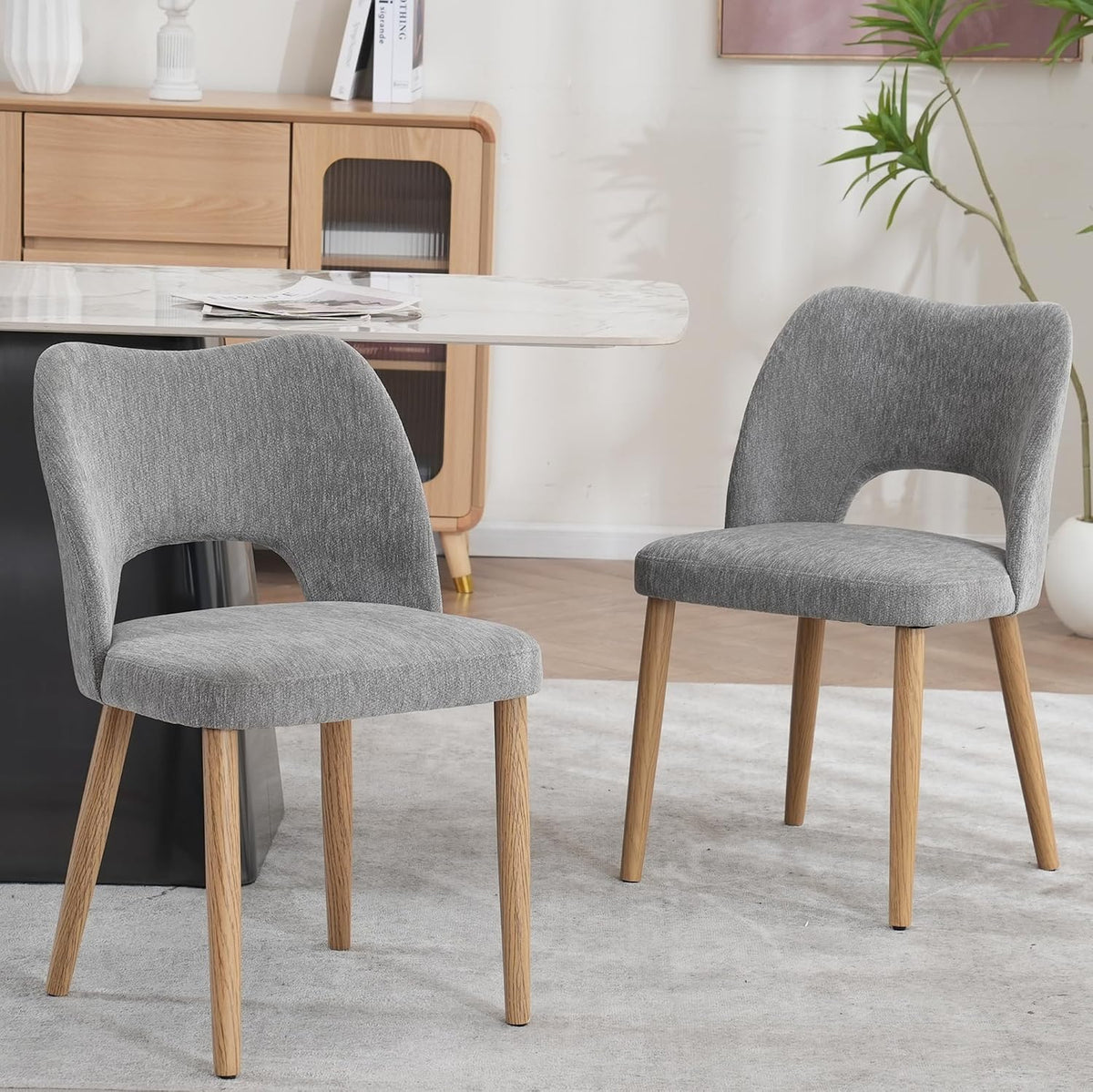 Modern Dining Chairs Set of 2, Upholstered Fabric Kitchen Chairs with Butterfly Hollow Back, Solid Wood Legs, Easy Assembly, Farmhouse Style for Kitchen & Dining Room, Gray