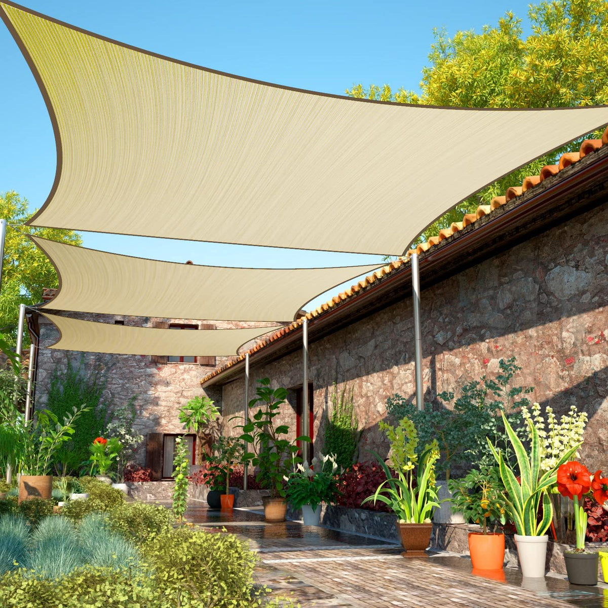 ShadeMart 8' x 12' Beige Sun Shade Sail Rectangle Canopy Cloth Fabric Screen SMSL, Water and Air Permeable & UV Resistant, Heavy Duty, Carport Patio Outdoor - (We Customize Size)