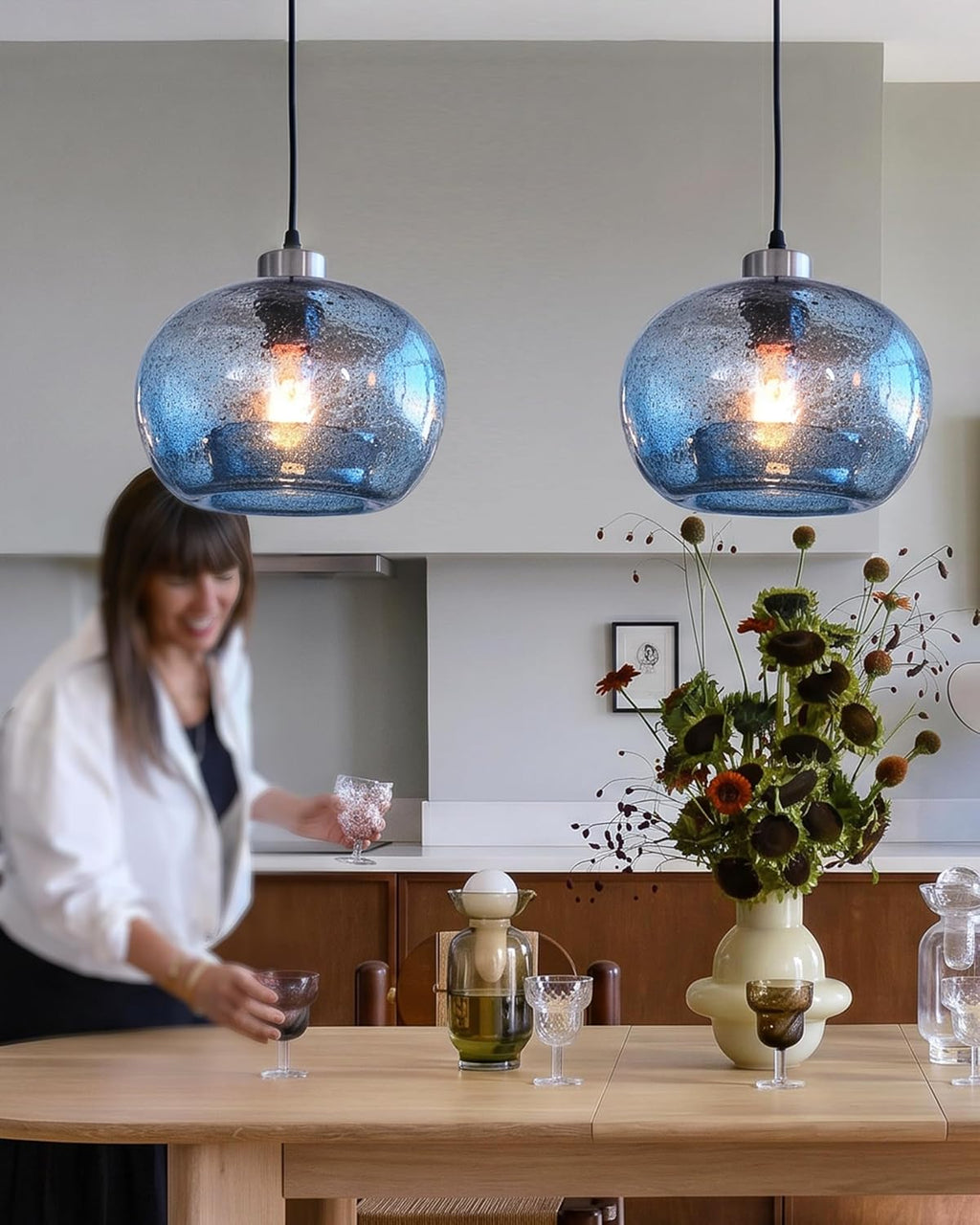 CASAMOTION Blue Pendant Light, Hand Blown Glass,Brushed Nickel, 8.7 Inch