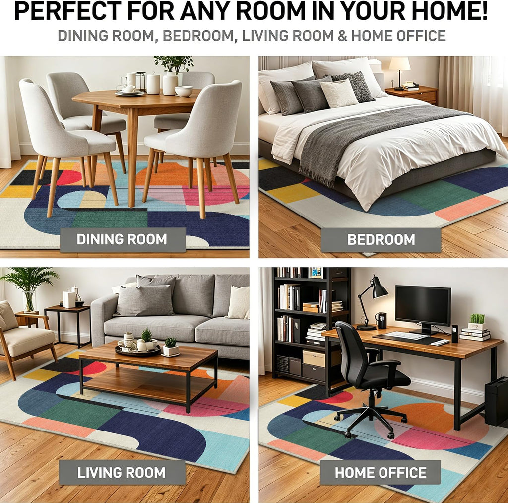 6x9 Area Rug Colorful Boho Geometric Carpet Modern Abstract Large Rug for Living Room Bedroom Machine Washable Non-Slip Rug for Dining Room Home Office