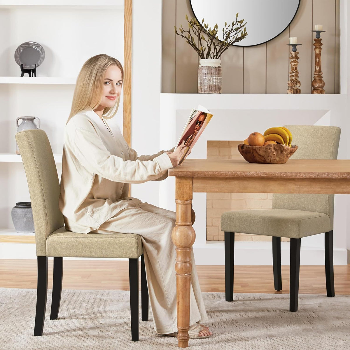 Yaheetech Dining Chairs Set of 2 Upholstered Kitchen Chairs Khaki