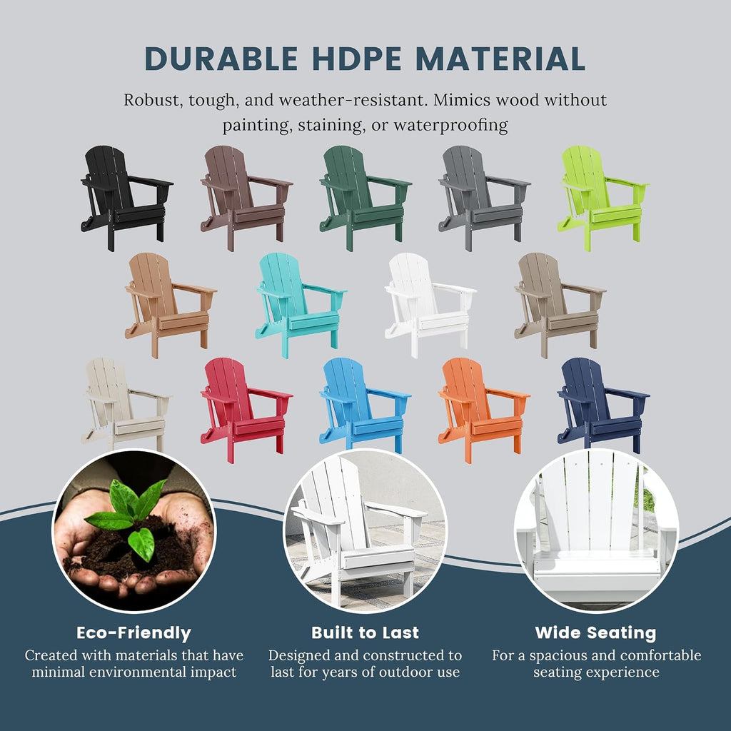 WO Home Furniture Laguna Folding Adirondack Chairs Set of 2, HDPE Patio Chair, All Weather Use Fire Pit Chair for Outdoor Garden, Backyard, Deck, Pool, White