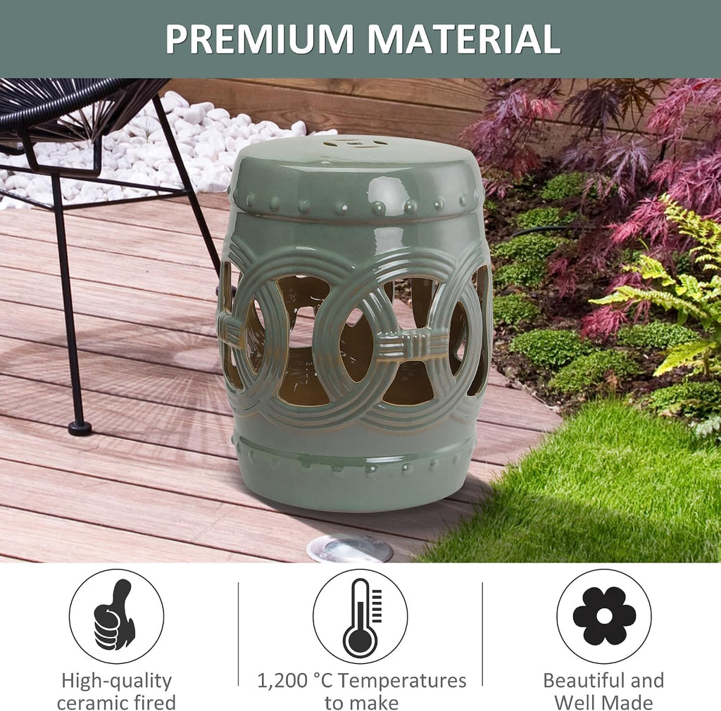 Outsunny 14" x 17" Ceramic Garden Stool Strong Glazed Material Green