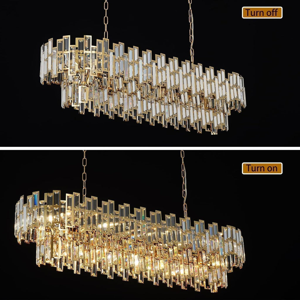 51 Inch Modern Large Crystal Chandelier Light Luxury Gold Rectangular Chandeliers for Dining Room Contemporary Oval Kitchen Island Bar Pendant Ceiling Lamp(Preinstalled K9 Crystals)